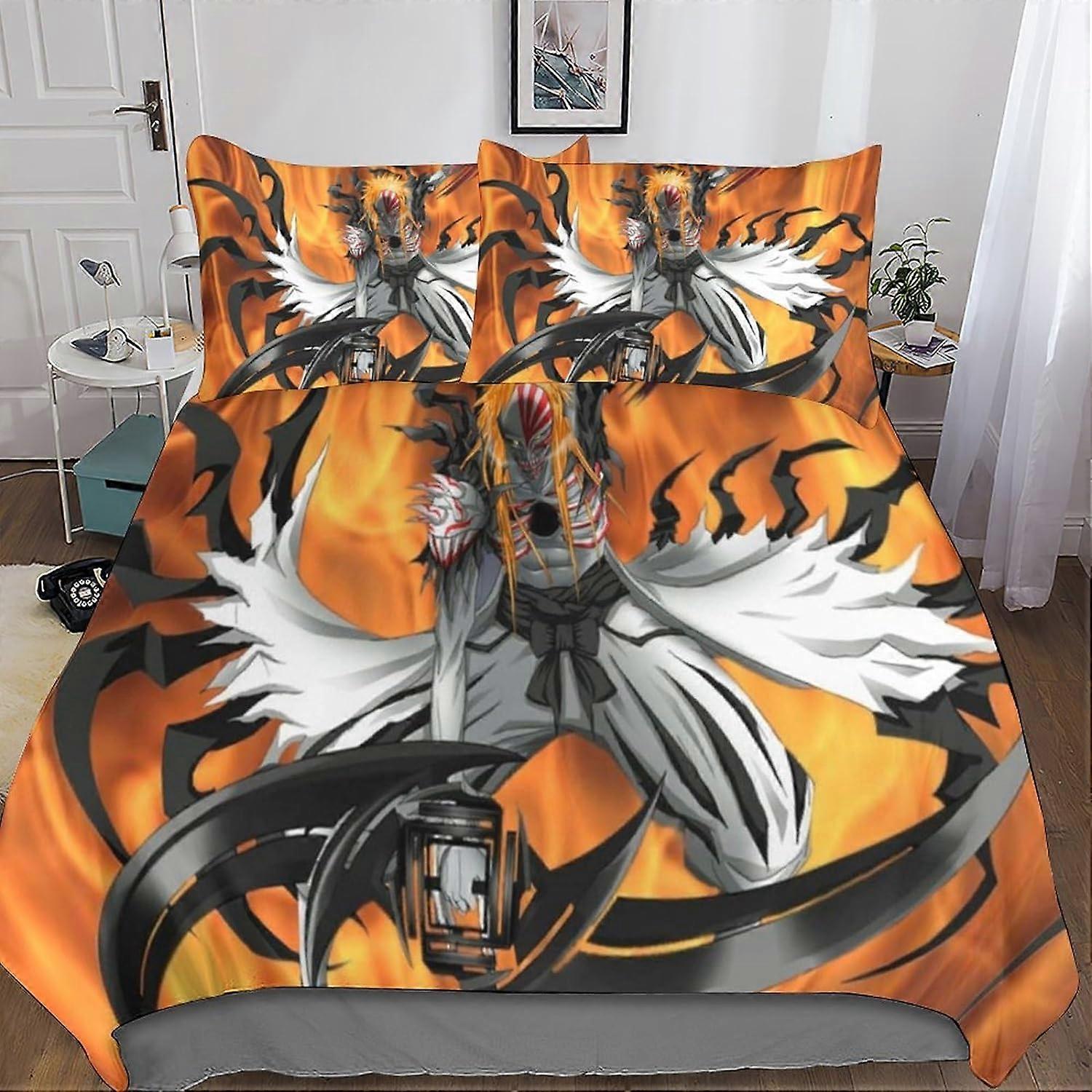 Bleach Nevresim Takımı, Yastık Kılıfları ile Mikrofiber Anime Yatak Seti Fermuarlı Kapatma 3 Parça Gençler ve Yetişkinler için Çift Kişilik