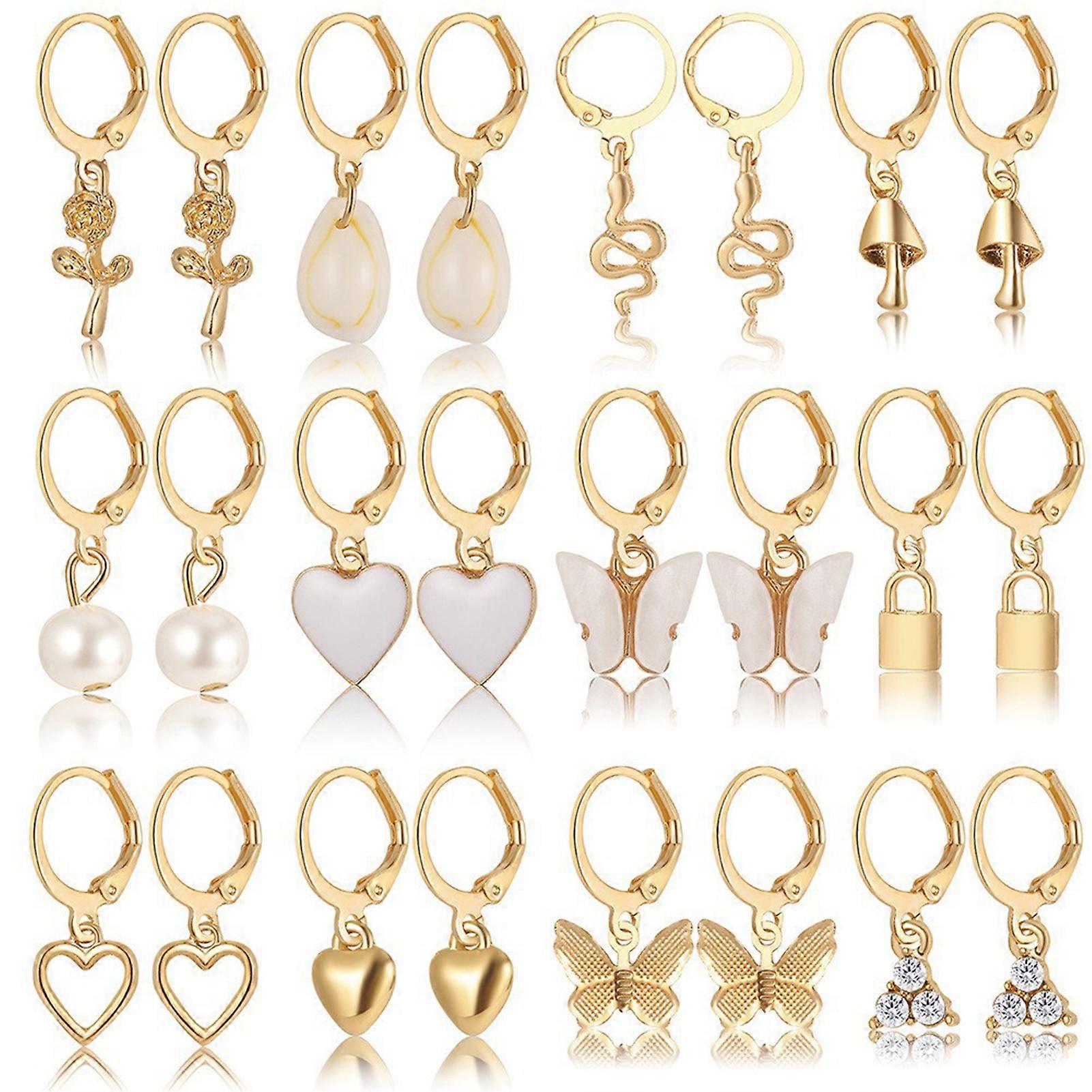 12 Pairs Clip on Earrings Drop Earrings Set Gold Plated Ear Clips Non-Piercing Pendant Earrings for Women Girls Birthday
