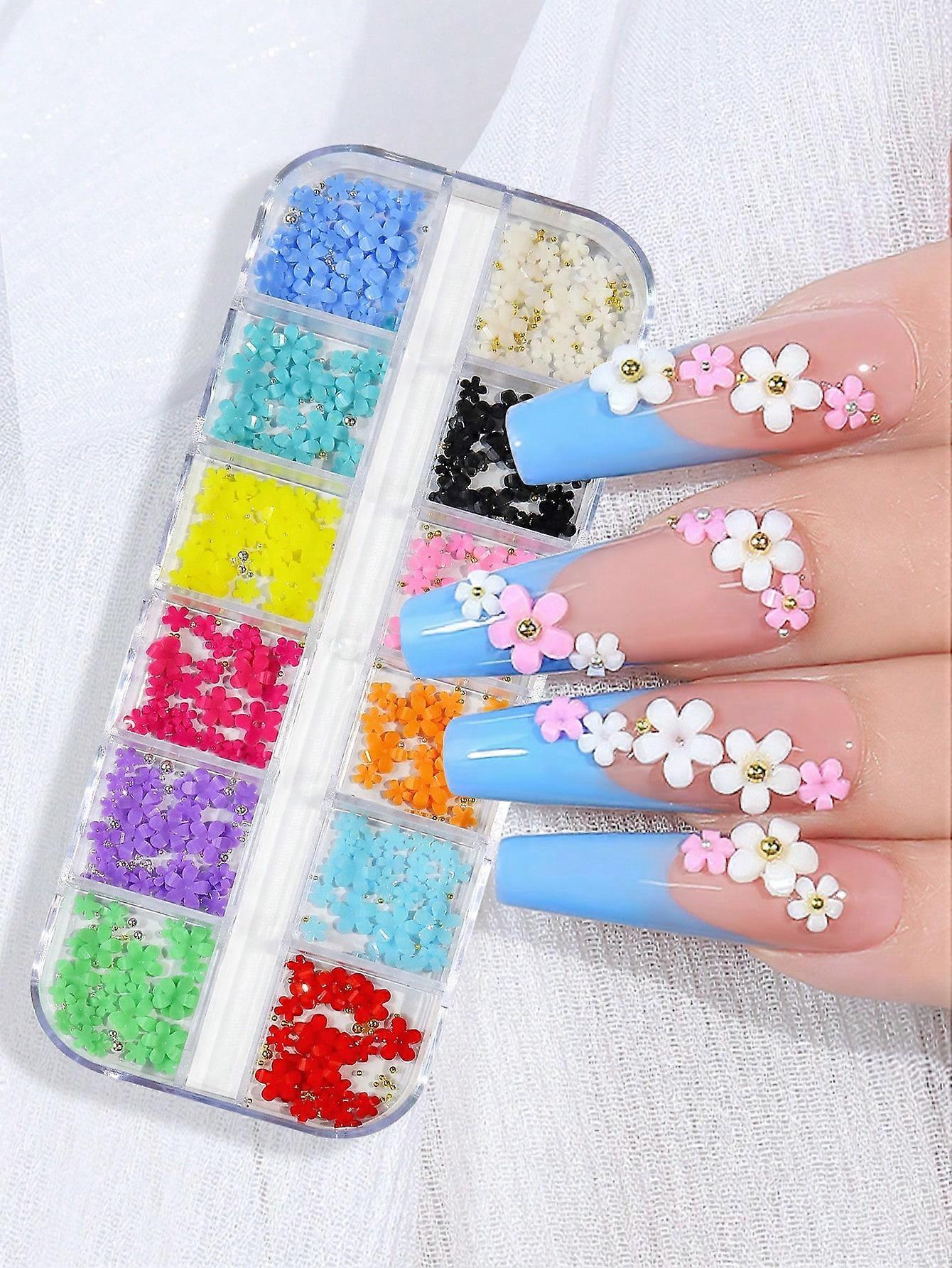 1box 12 Grid Bead & Flower Design Nail Art Decoration