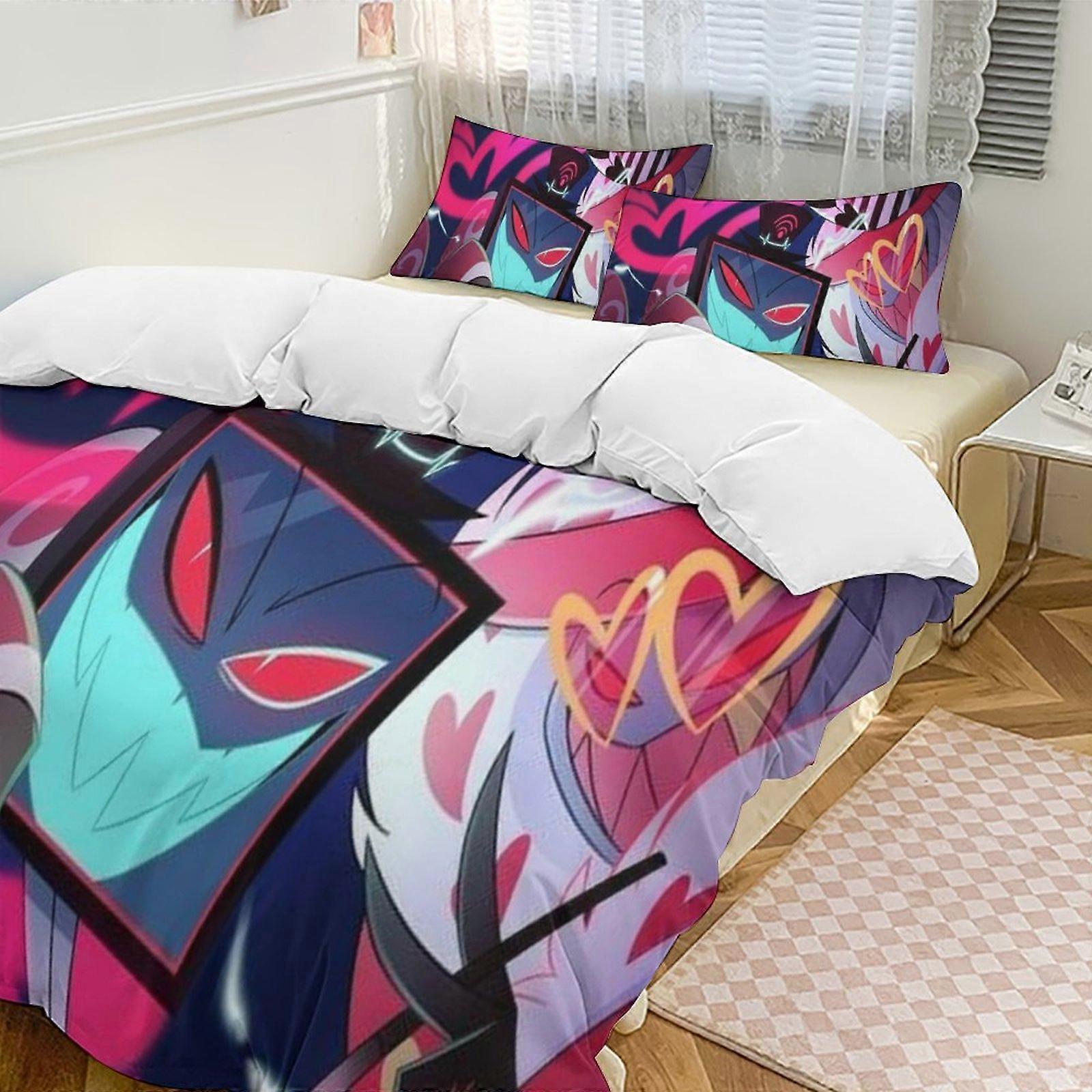 v77 Hazbin Hotel 2 Cama Capa de Edredom Microfibra Conjuntos de Cama Leve 3 Peças Conjuntos de Edredom, 1 Capa de Edredom e 2 Fronhas para Crianças aa77