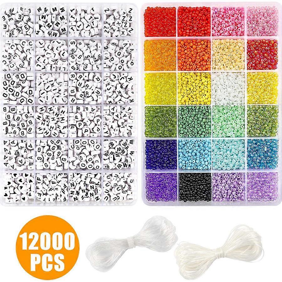 12000PCS Beads for Jewelry Making,Glass Bead and Alphabet Letter Beads,Bracelets Beads with Elastic String Cords, Scissors and Accessories DIY Materia