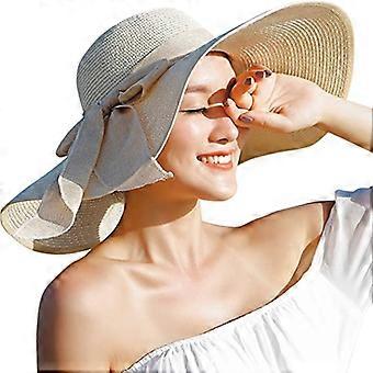 Womens 5.5 tommer Big Bowknot Straw Hat Stor diskett Sammenleggbar Roll up Beach Cap Sun Hat UPF 50+