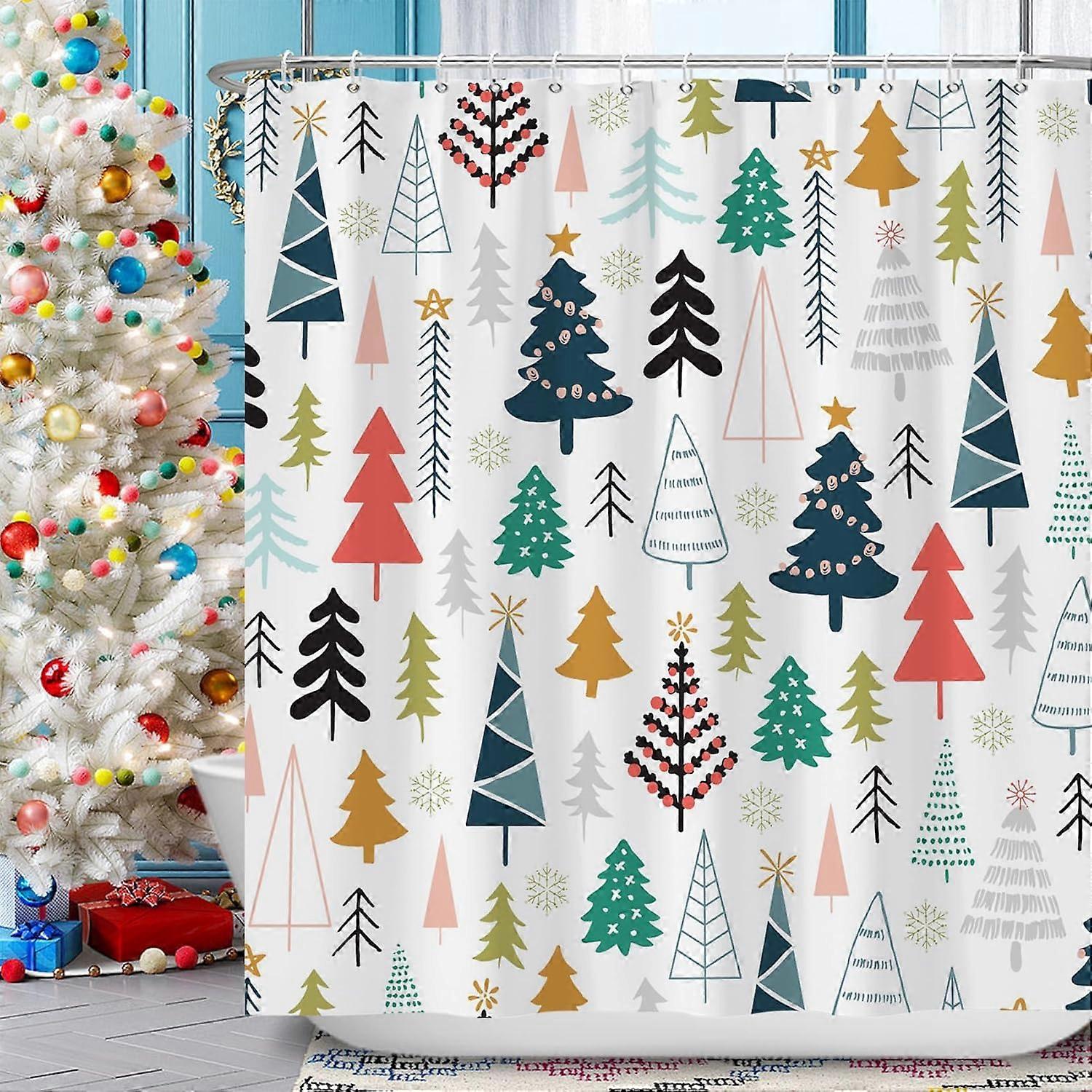 クリスマスツリーシャワーカーテン、バスルーム用カラフルなクリスマスシャワーカーテンセット、メリークリスマスクリスマスデコレーションファブリックバスカーテンフック付き、72x72