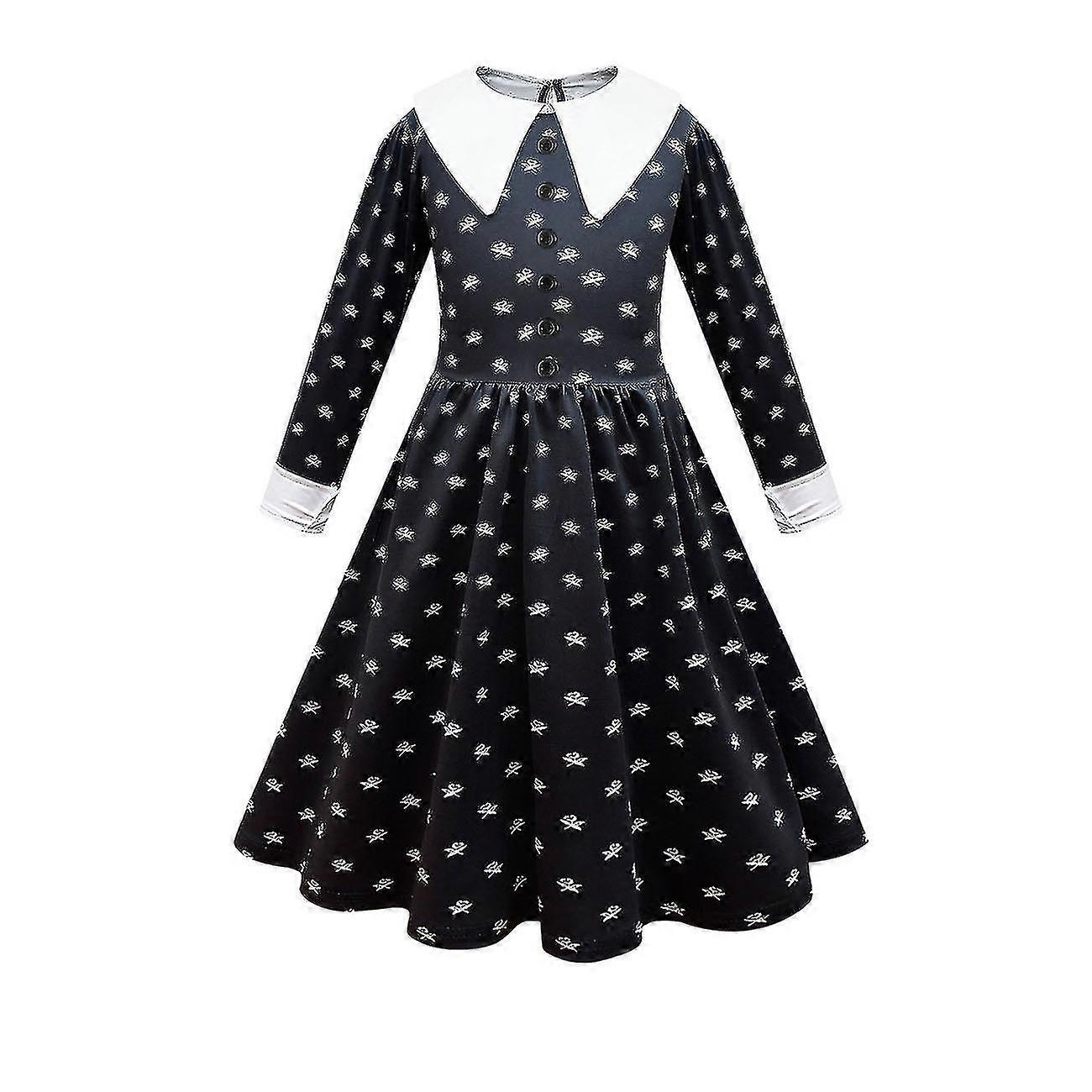 2023 Wednesday Addams Cosplay Kostýmní Set Dívky Černé tištěné šaty Karnevalová Party Převlek-m