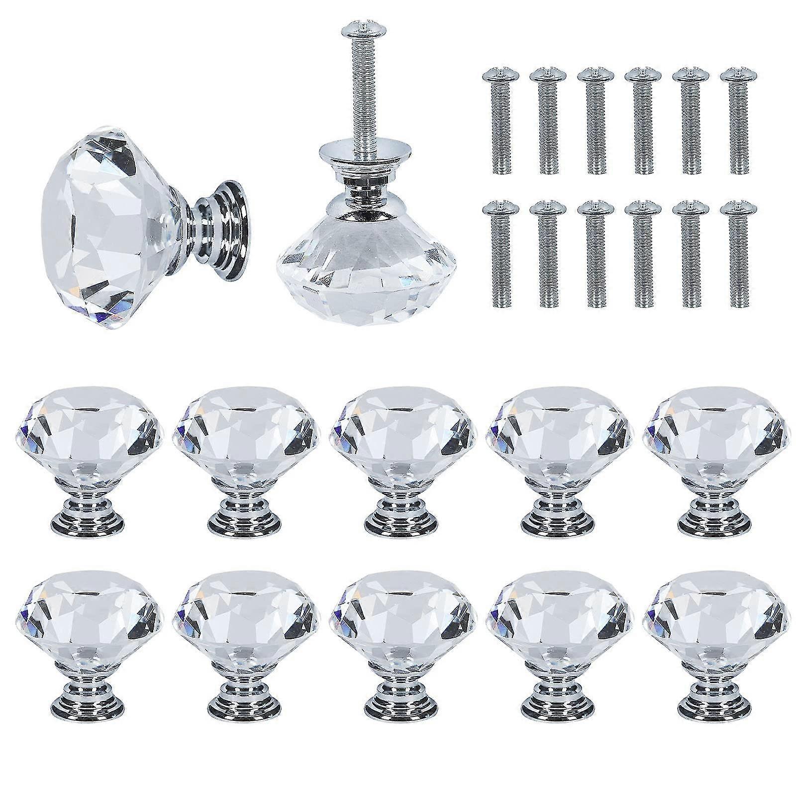 12 Pieces 30mm Crystal Glass Door Drawer Knobs, Clear Diamond Door Knobs And Handles, Single Hole Drawer Knobs
