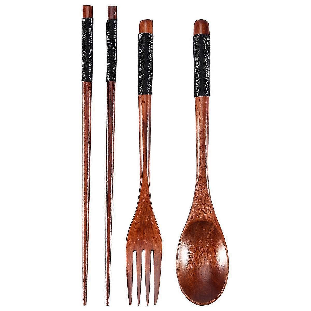Wooden Flatware Set, Wooden Portable Set Chopsticks Spoon Fork Tableware Dinnerware with Black Twining Thread