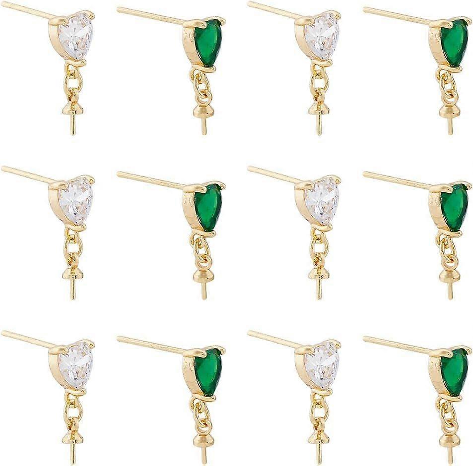 12Pcs Heart 2 Colors Rhinestone Stud Earring Set Emerald and Clear Glass Crystal Heart Studs with Cup Peg Bails18K Gold Plated Brass Earring Finding f