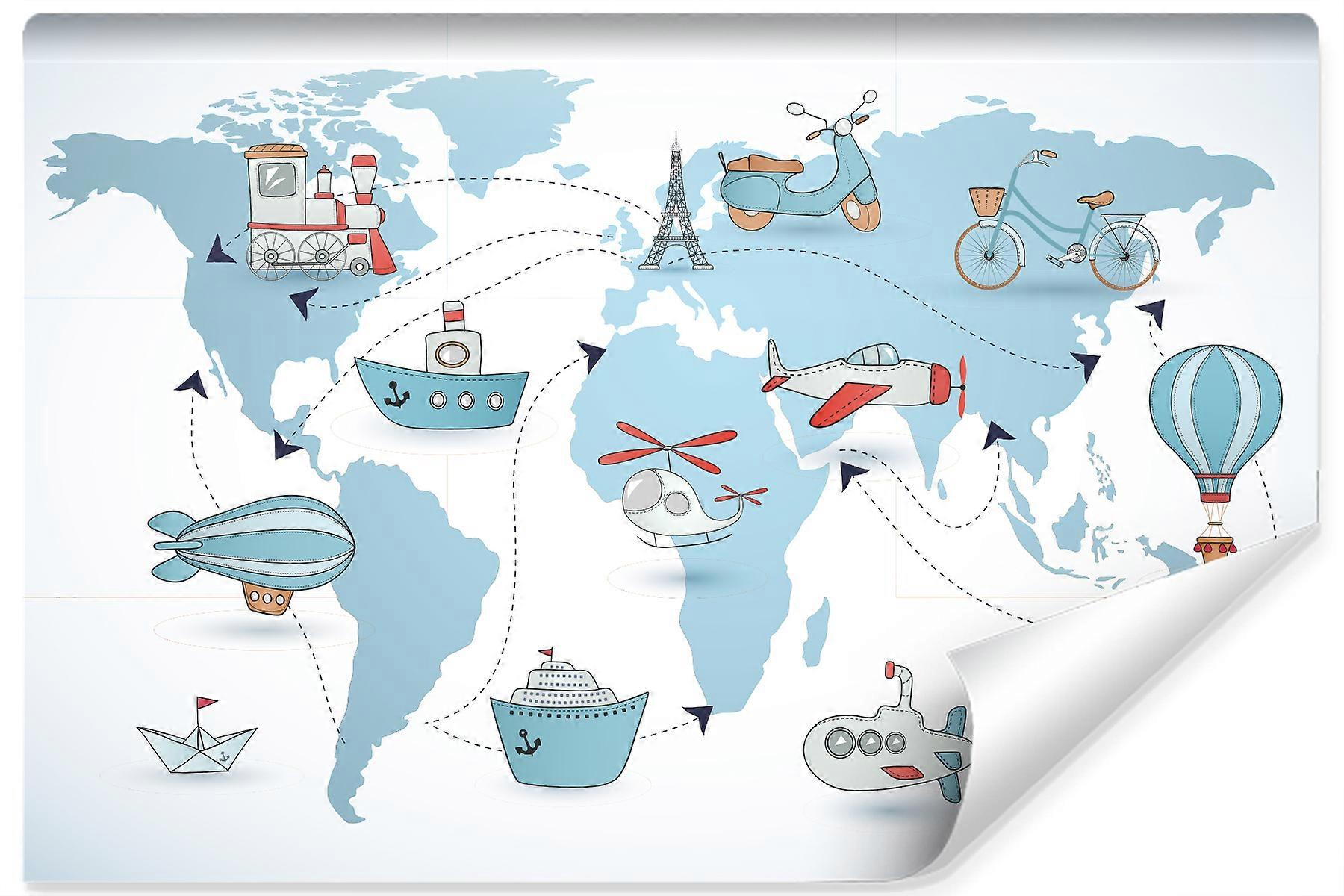Fotomural para habitación infantil mapa continentes barcos