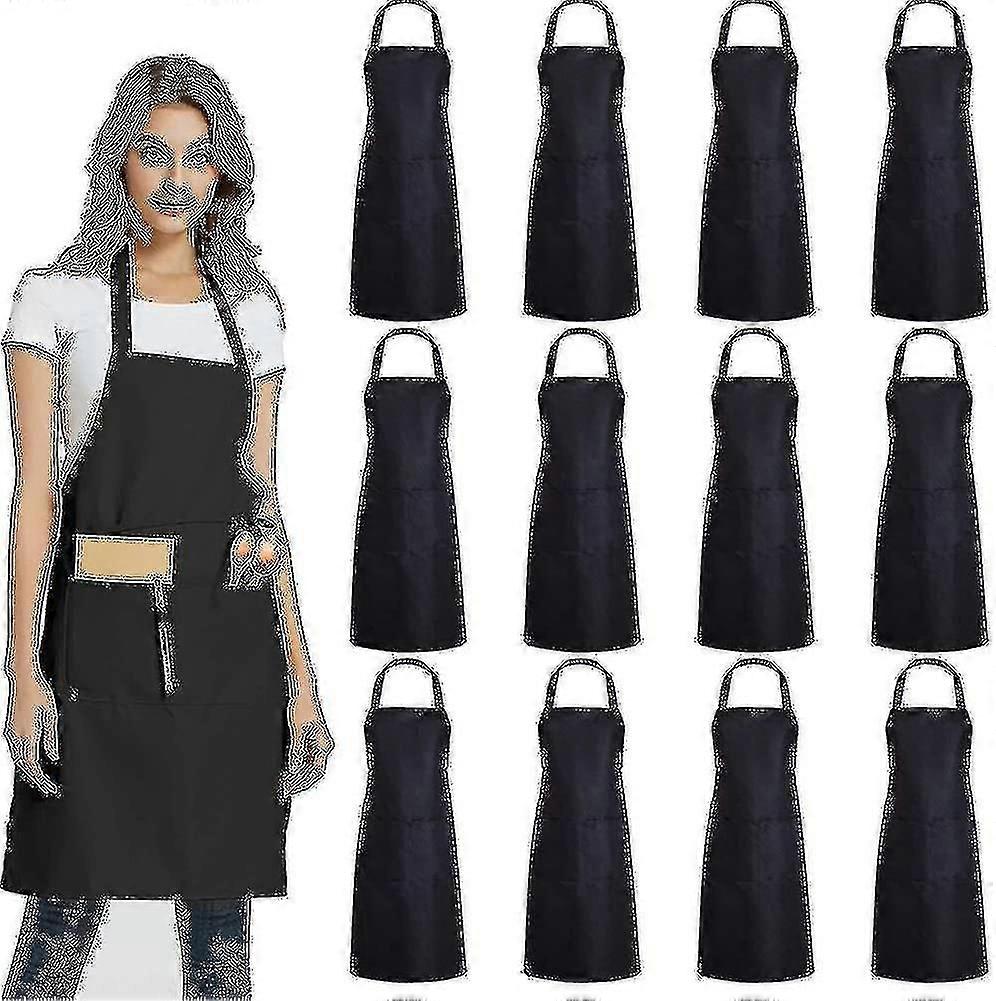 Evago 12 Pack Plain Bib Aprons With 2 Pockets - Black Unisex Commercial Apron Bulk H