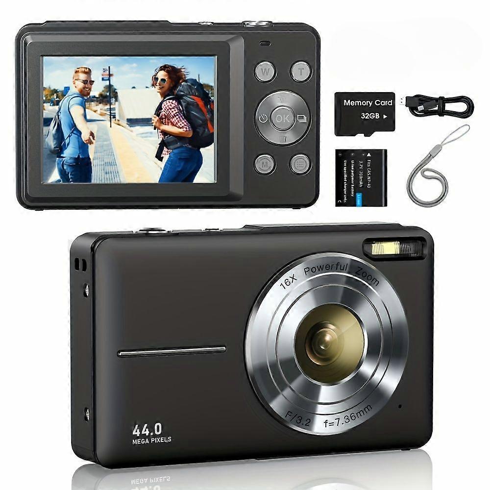 Digital Camera 44Mp Small Portable Compact Camera With 32Gb Card Black