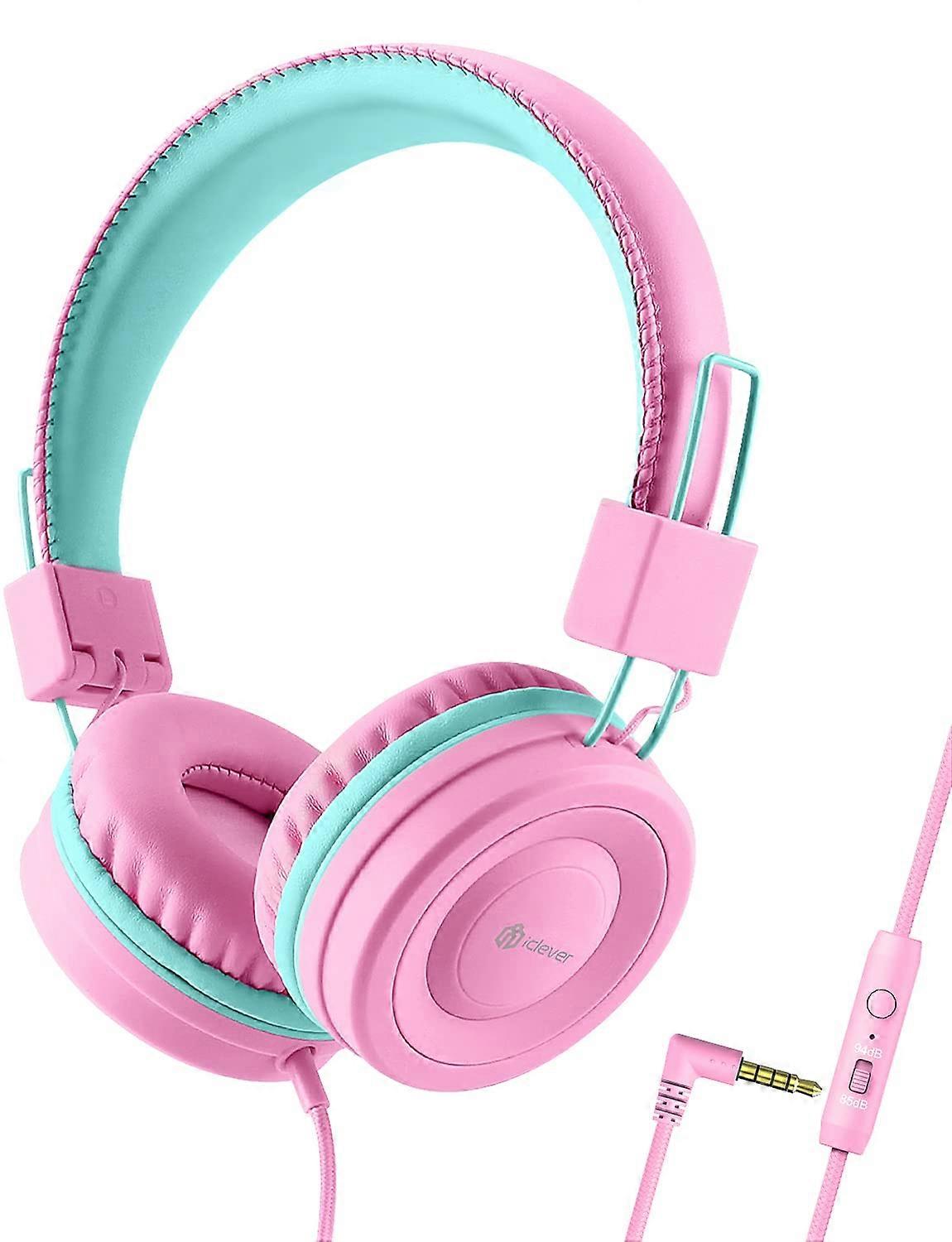 Kids Headphones with Microphone for School - 85dB/94dB Volume Control, Wired, Adjustable Foldable, Pink