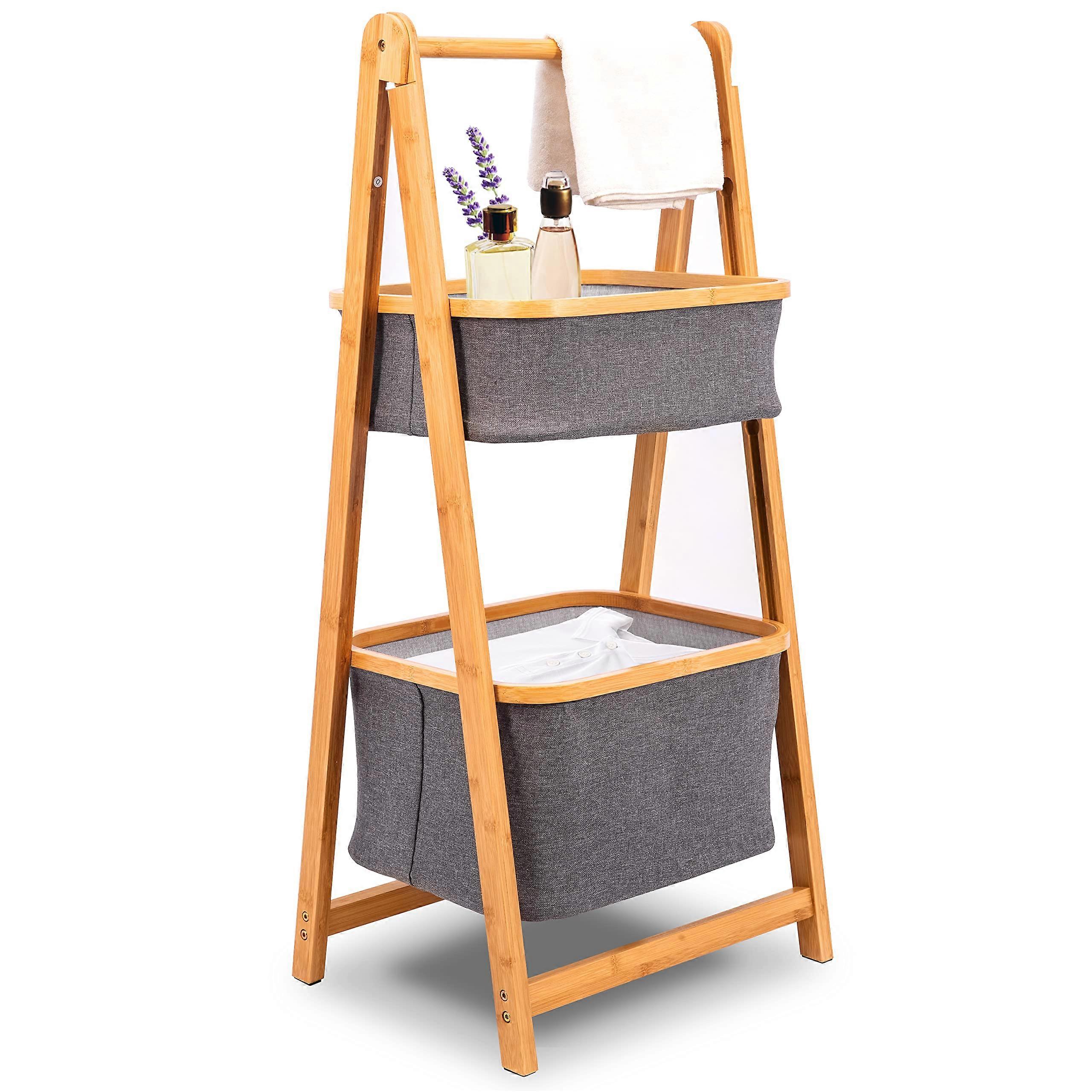 2Tier Fold Out Hamper Shelf Storage Space Saving Collapsible Foldable Natural Bamboo Organizer