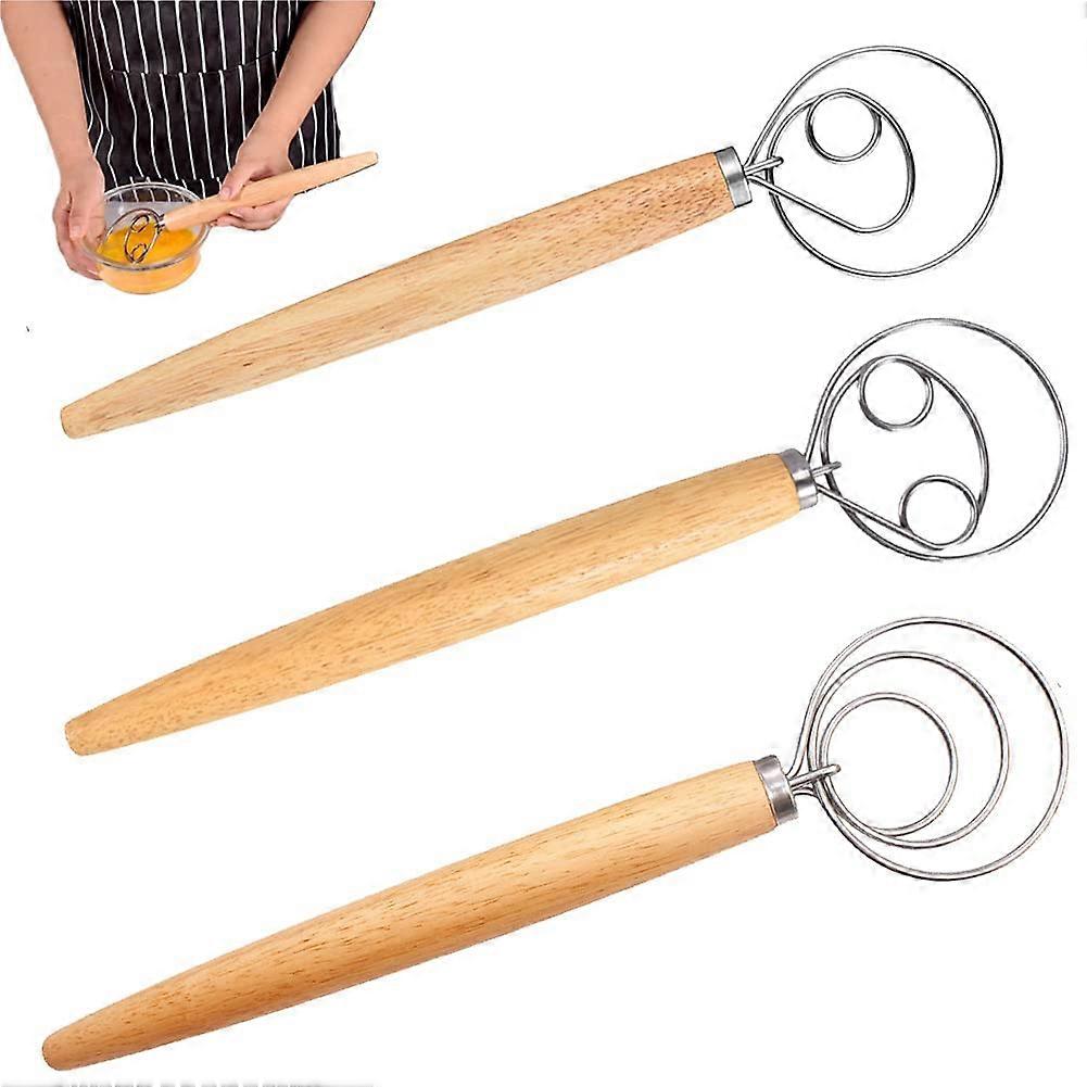 Danish Whisk, Pack of 3, Dough Whisk, Wooden Handle Mixer, 13 Inch