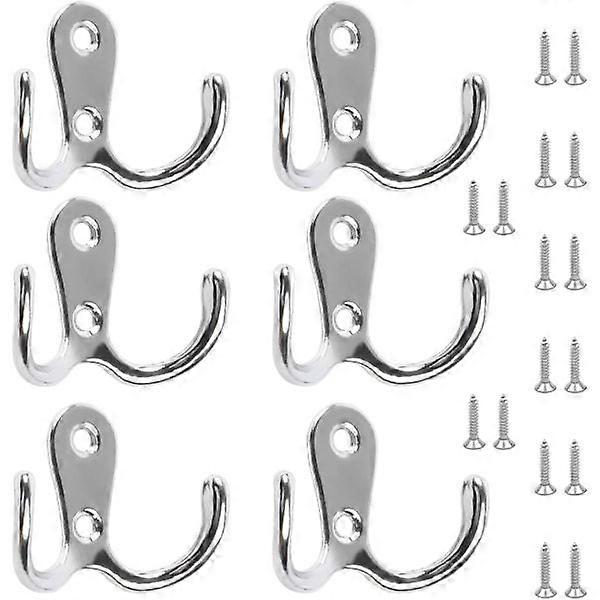 6pcs Double Clothes Hooks Double Coat Hooks Door Hooks with 12pcs Screws Chrome Wall Mounted Hooks for Hanging Hat Tie Clothes Towel Metal Retro