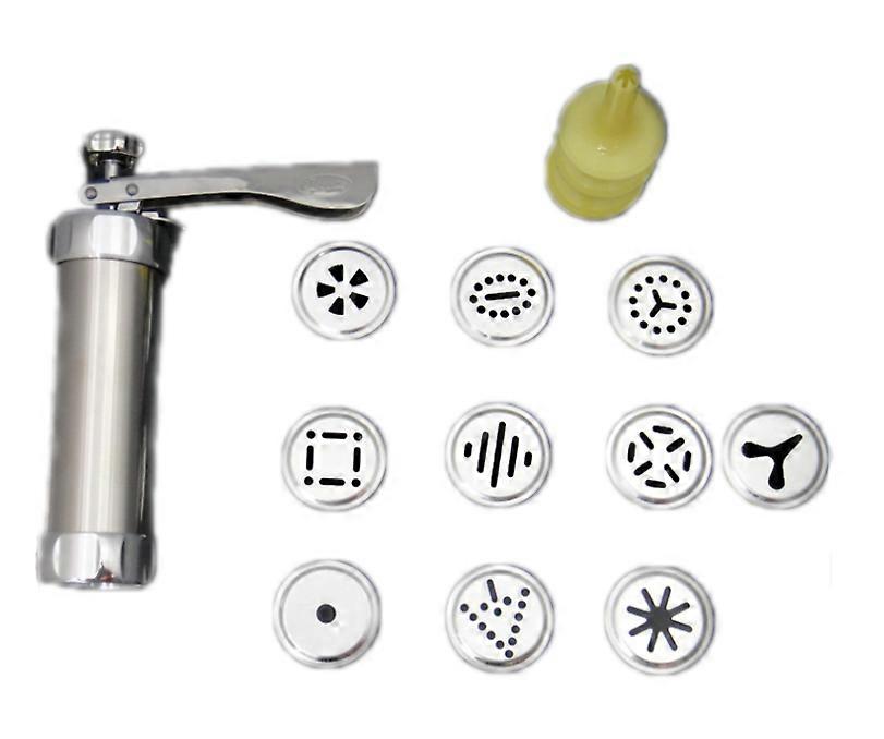 Cookie Press - with 10 templates and 4 nozzles - Cookie Press/Decorating Syringe - Cookie Maker and Icing Set for Cake Decorations - silver - metal