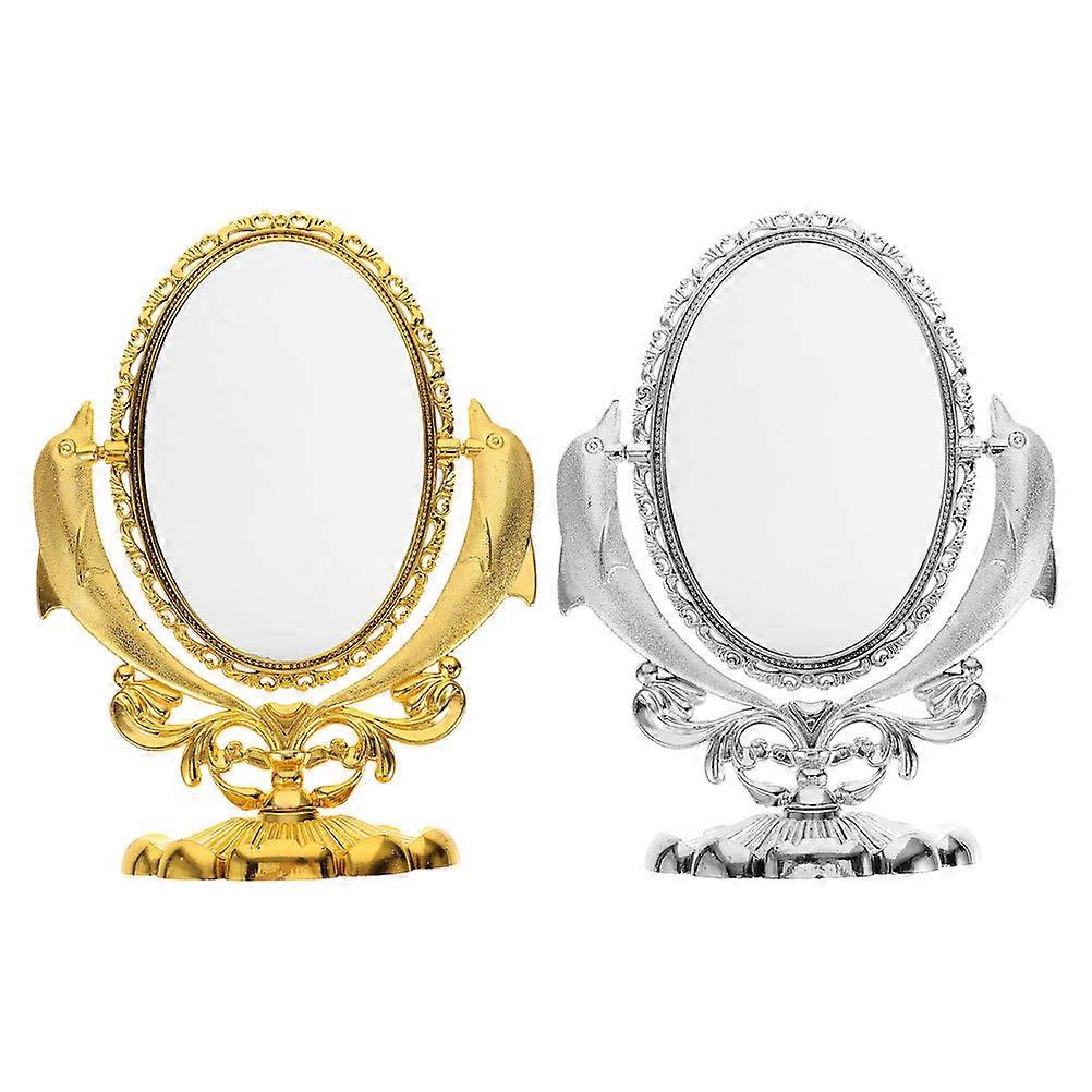 Mirrors For Desk Vintage Mirror Tabletop Gold Plastic Material Double Sided Reflection 2Pcs