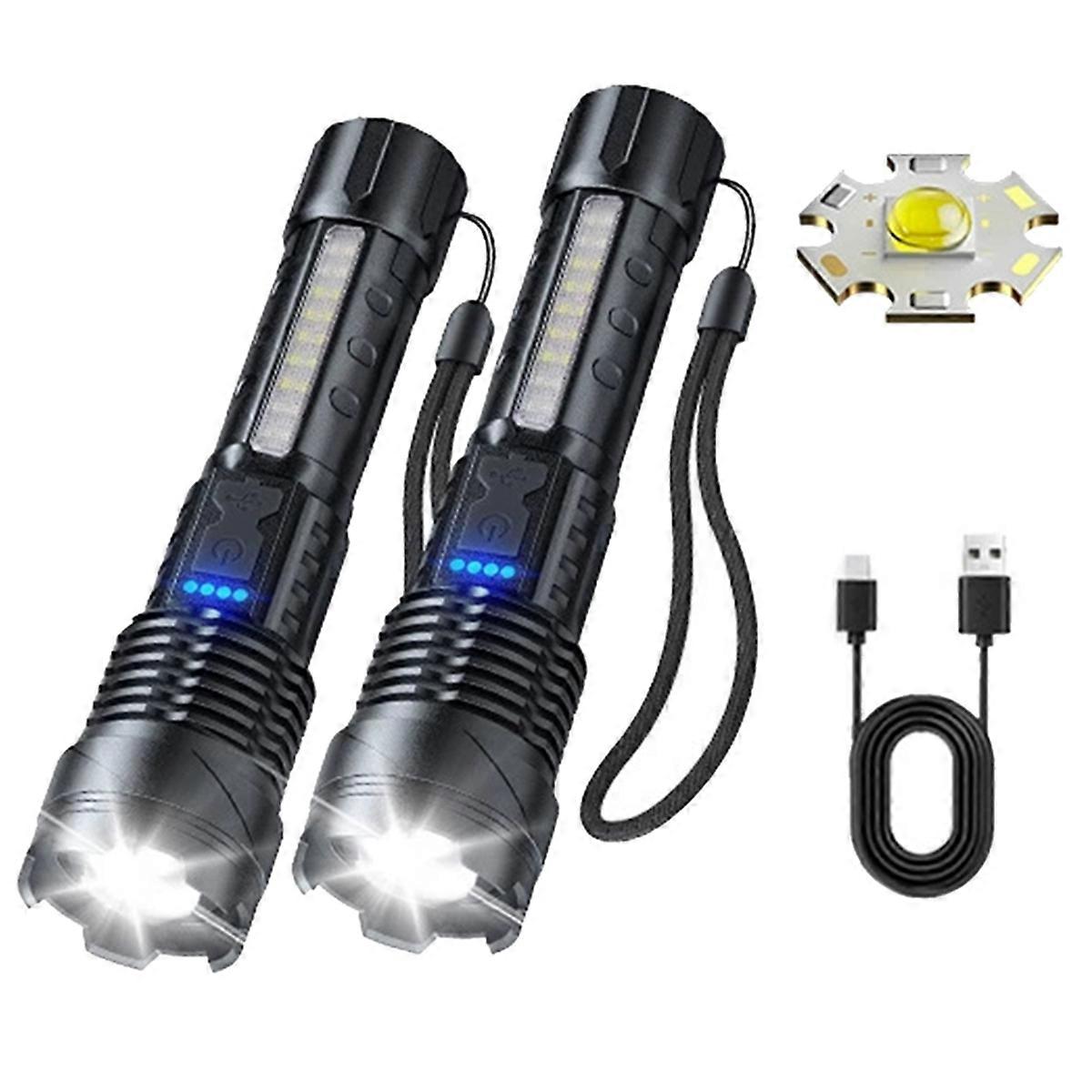 2pcs Ultra Bright LED Flashlight USB-C Rechargeable High Power Torch with Built-in Battery Outdoor C