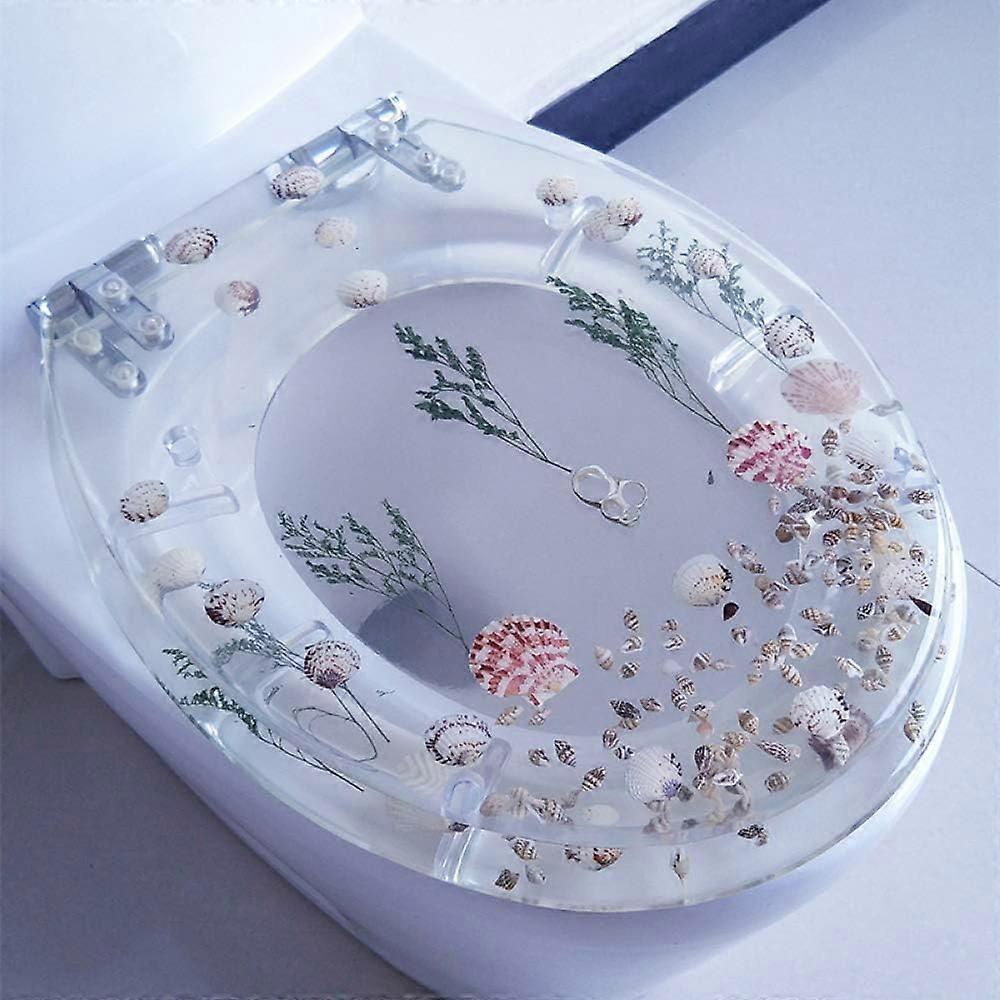 Transparent Resin Toilet Seat, Real Shells, Antibacterial, Adjustable, Stainless Steel Hinge, Slow Lowering, Mounting