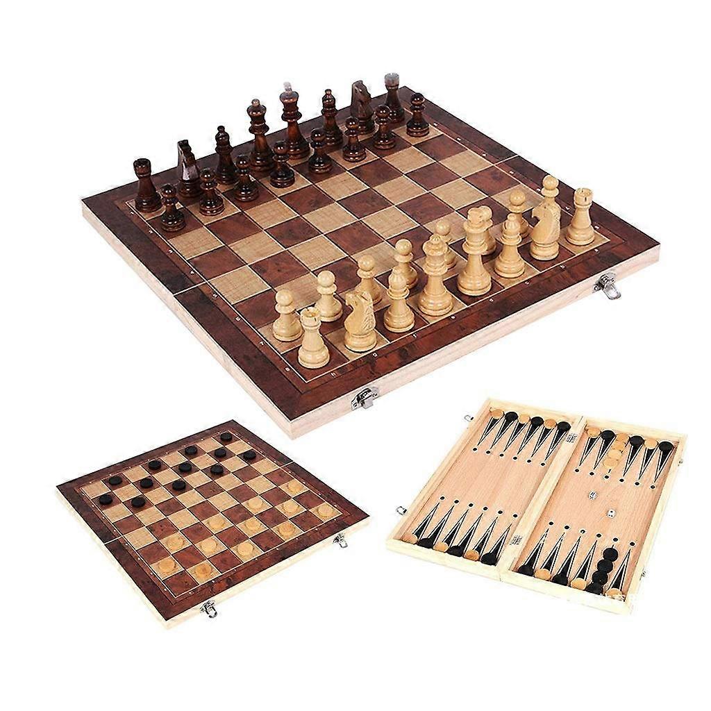 3 in 1 Wooden Checkers Backgammon Set Folding Board with Storage for Beginners and Adults, 44 x 44 cm Chess Set