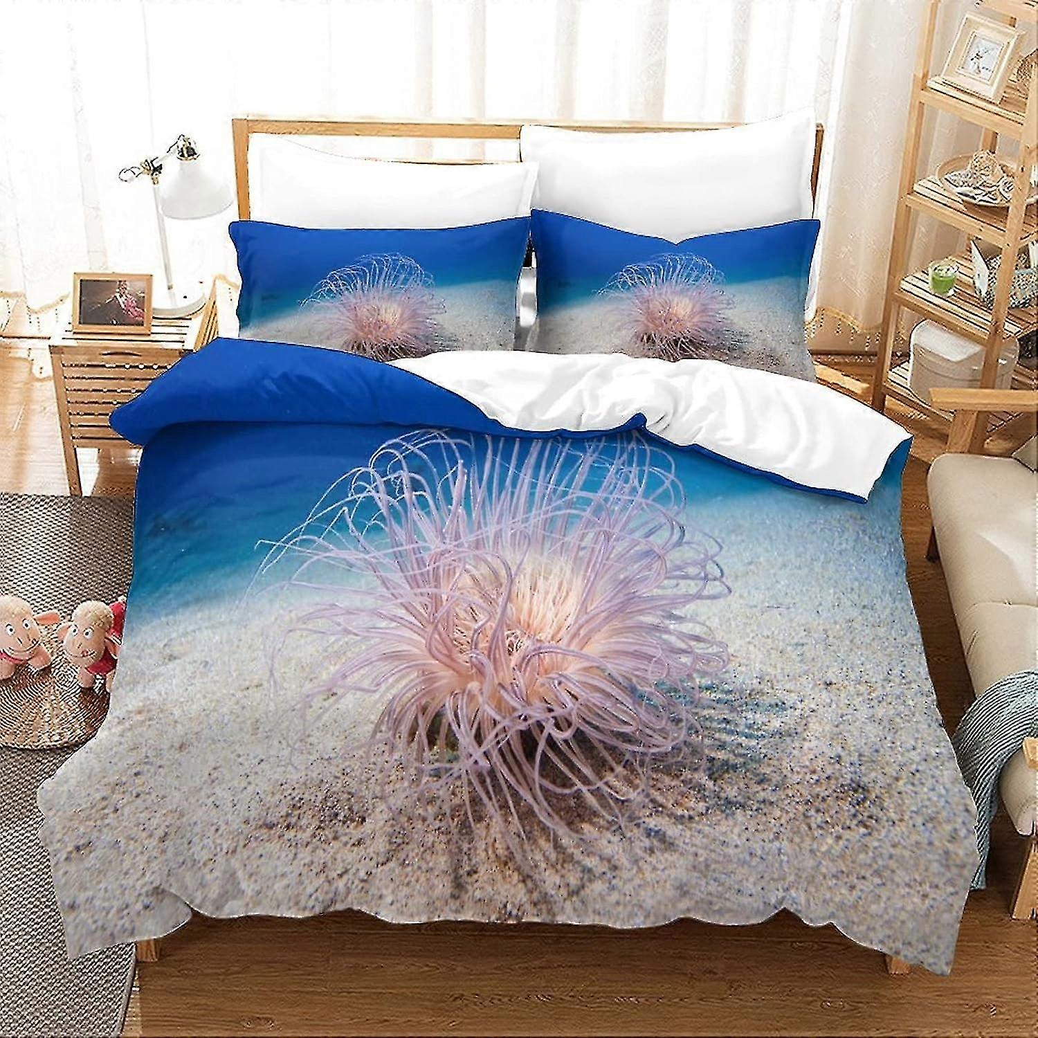 Underwater World 3 Piece Soft Duvet Cover Set with Pillowcase and Zipper Closure for Allergy Prevention