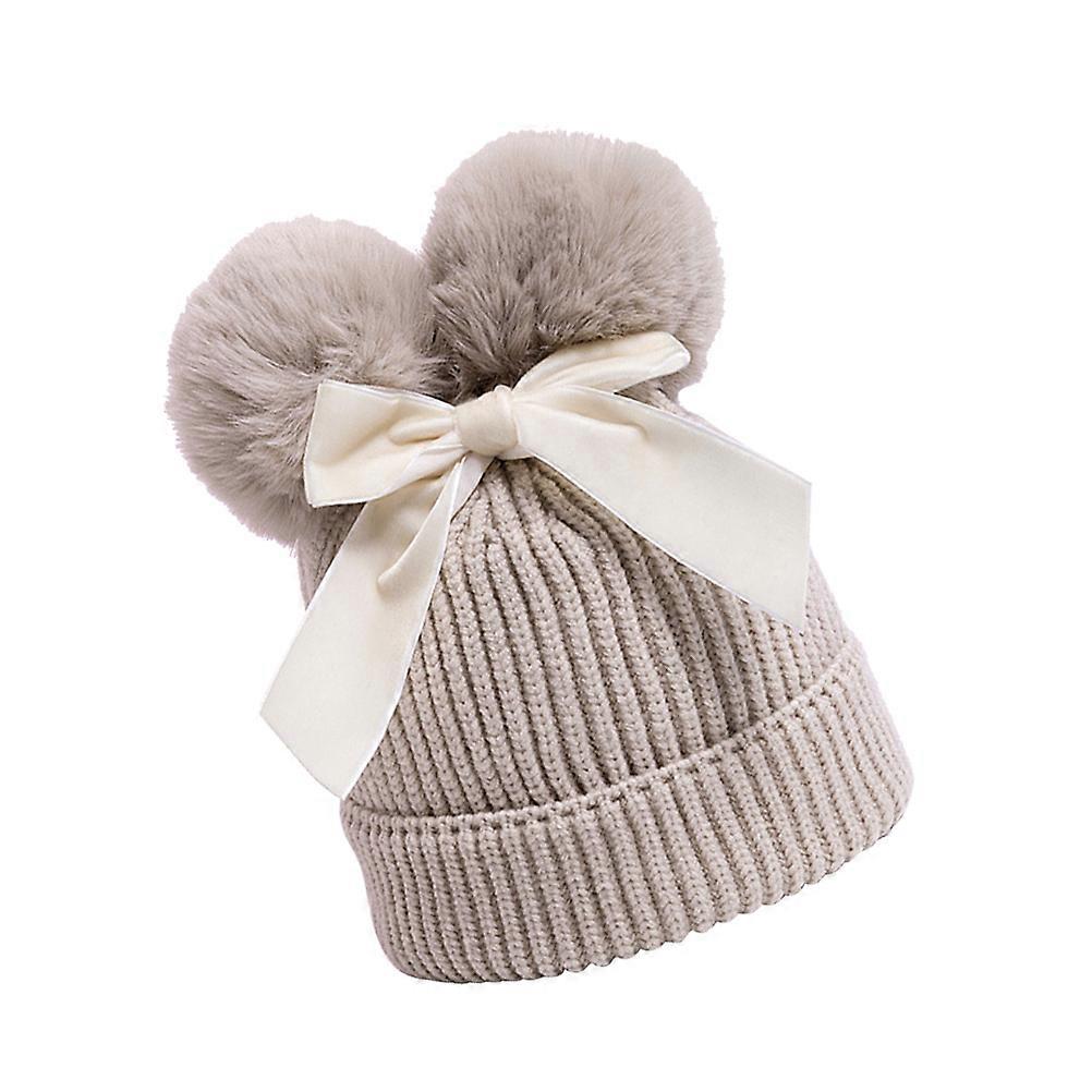 Warm Winter Beanie Hat for Kids Made of Woolen Yarn with Bowknot Design Beige 7 inches
