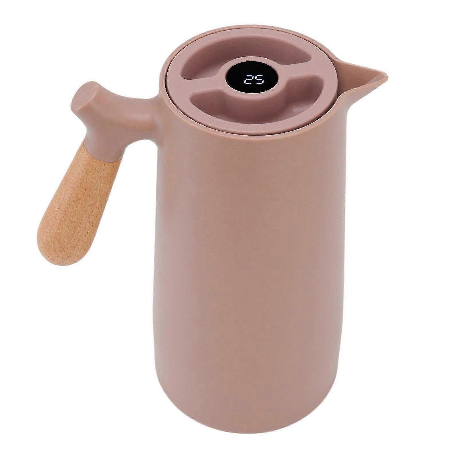1L Thermal Coffee Carafe with Temperature Display - Double Layer Vacuum Insulation Coffee Dispenser with Wood Handle for Home Use