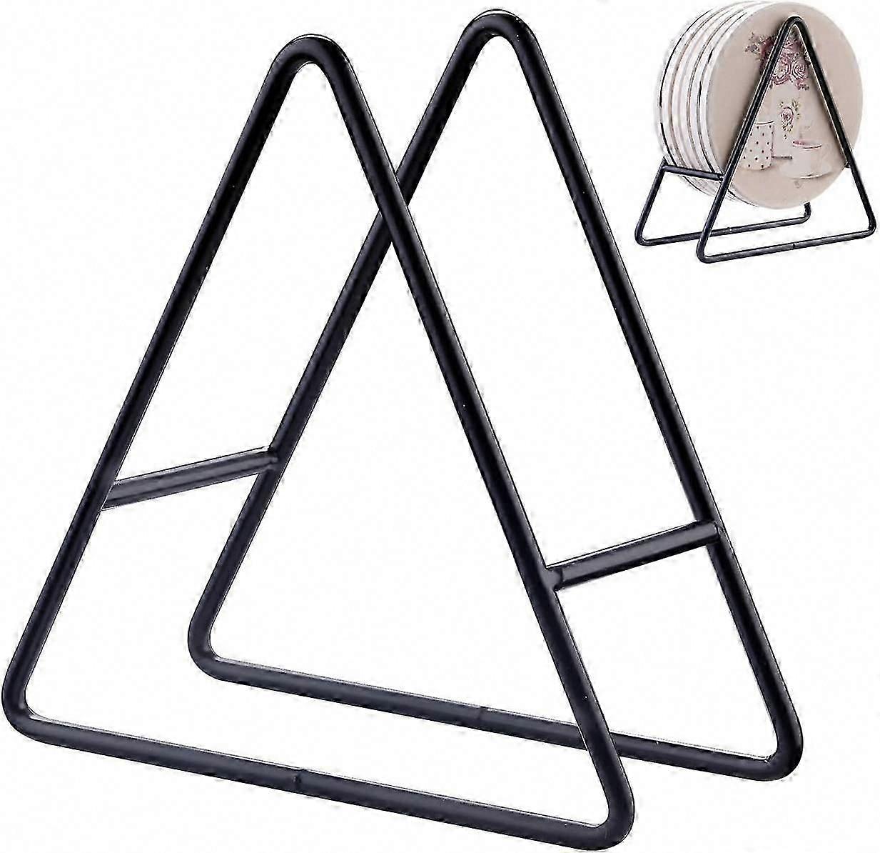 2PC Triangle Coaster Holder Black Iron Metal Holder Storage Caddy for Both Round and Square Coasters