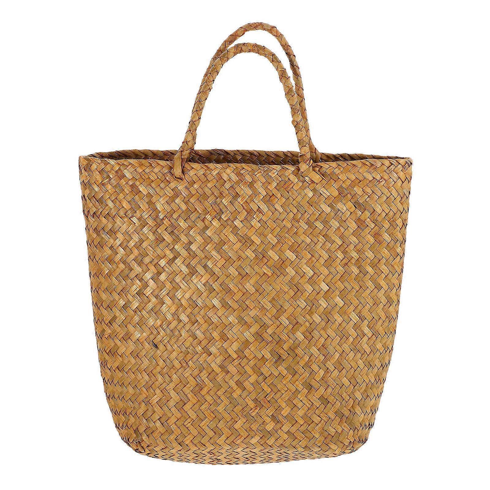 Lightweight Handwoven Tote Bag with Handle, Rustic Straw Basket for Summer Outings, Boho Style Handcrafted Woven Handbag for Camping and Casual Use