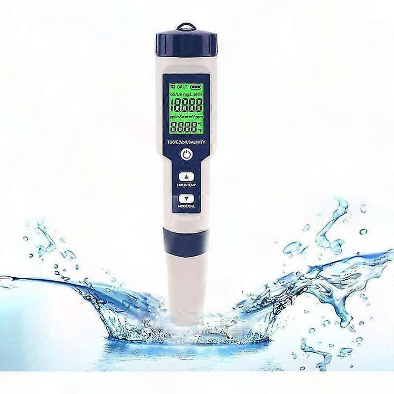 Digital PH Meter Tester - 5 in 1 Water Quality Tester for PH, EC, TDS, Salt, Temperature - Home, Pool, Aquarium Use