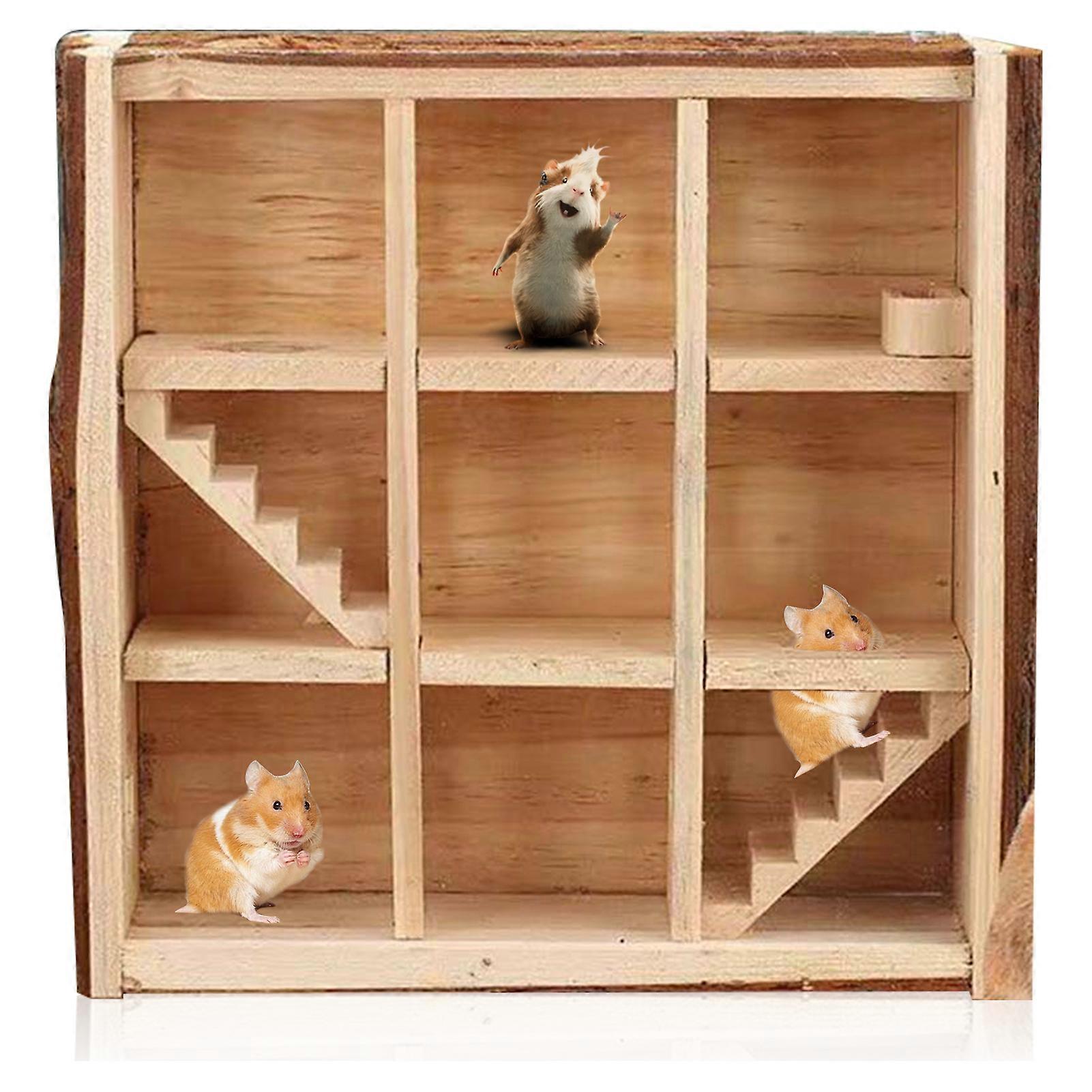 Natural Wooden Hamster Maze Playground Small Animal Maze House Hideouts Mice House Gerbils Tunnel Exploring Maze Toys for Small Rodents