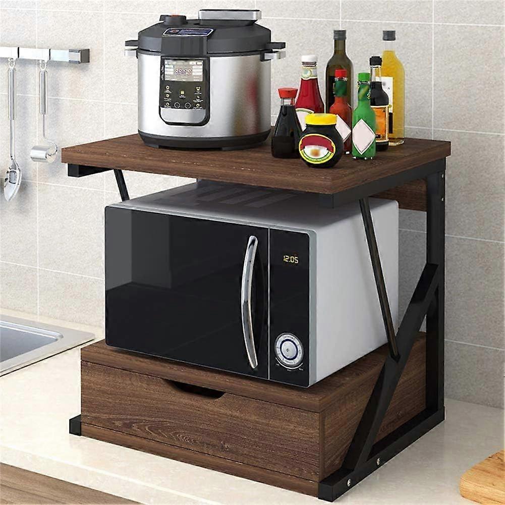 Wooden Microwave Stand 2 Tier Heavy Duty Counter Storage Rack With Drawer Oak Finish Fits Microwave Oven Toaster Printer