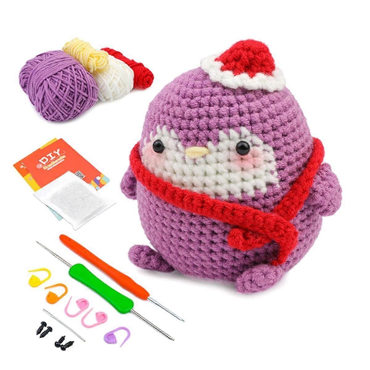 DIY Penguin Crochet Kit with Knitting Yarn Needles Plush Doll Easy(Purple)