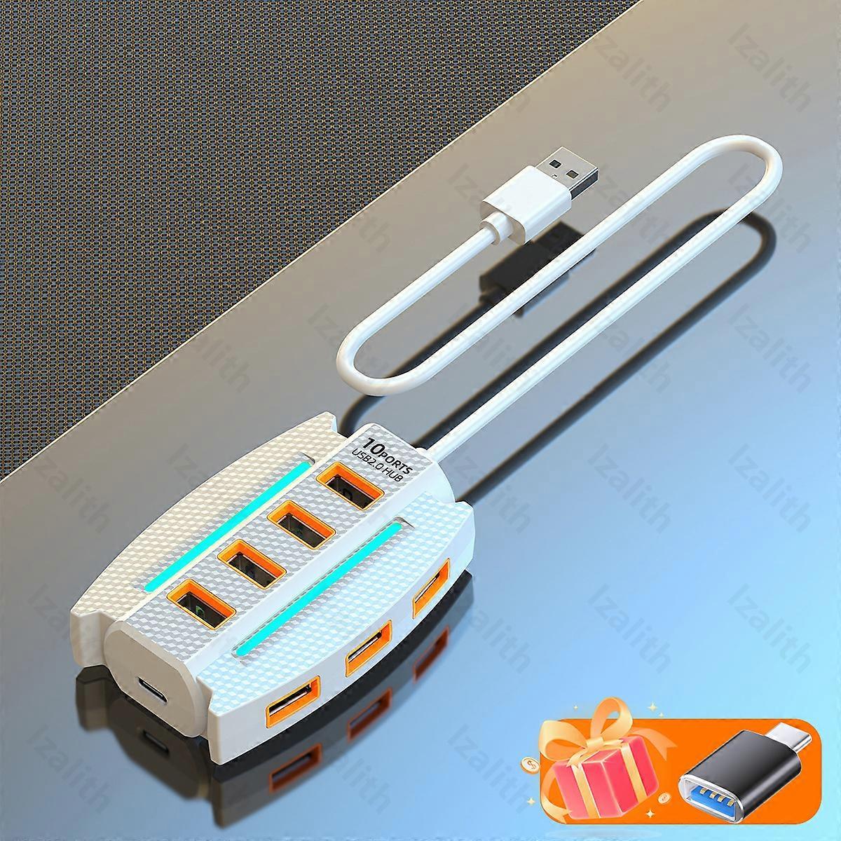 USB Hub 10 Port USB 2.0 USB Splitter Card Reader USB Port Expander for Laptop PC Keyboard Mouse Hard Disk Flash Drive