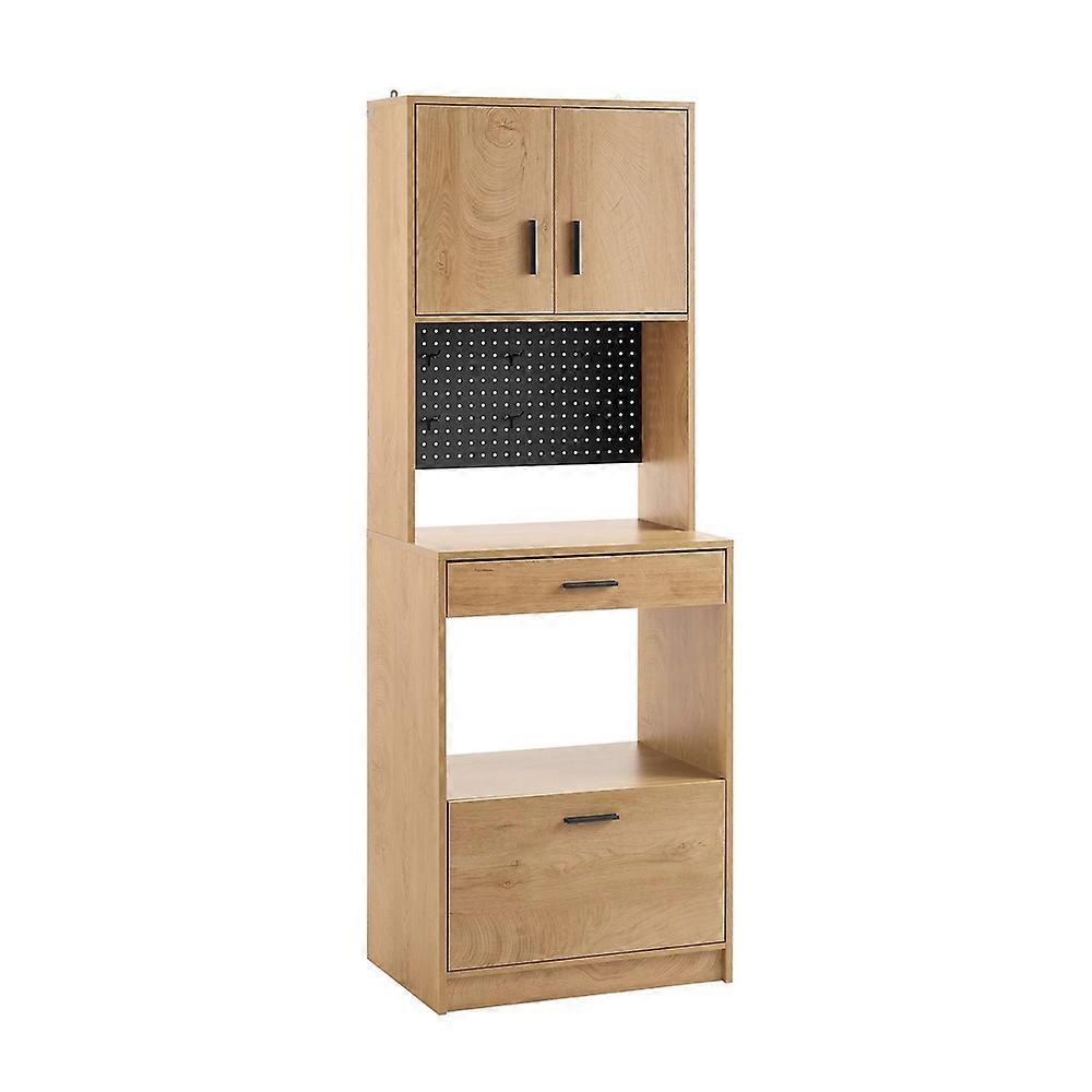 SoBuy FSB98-N,Tall Cabinet with Pegboard Microwave Sideboard Cabinet Kitchen Storage Unit and Microwave Shelf Oak Effect Cupboard with 2 Drawer