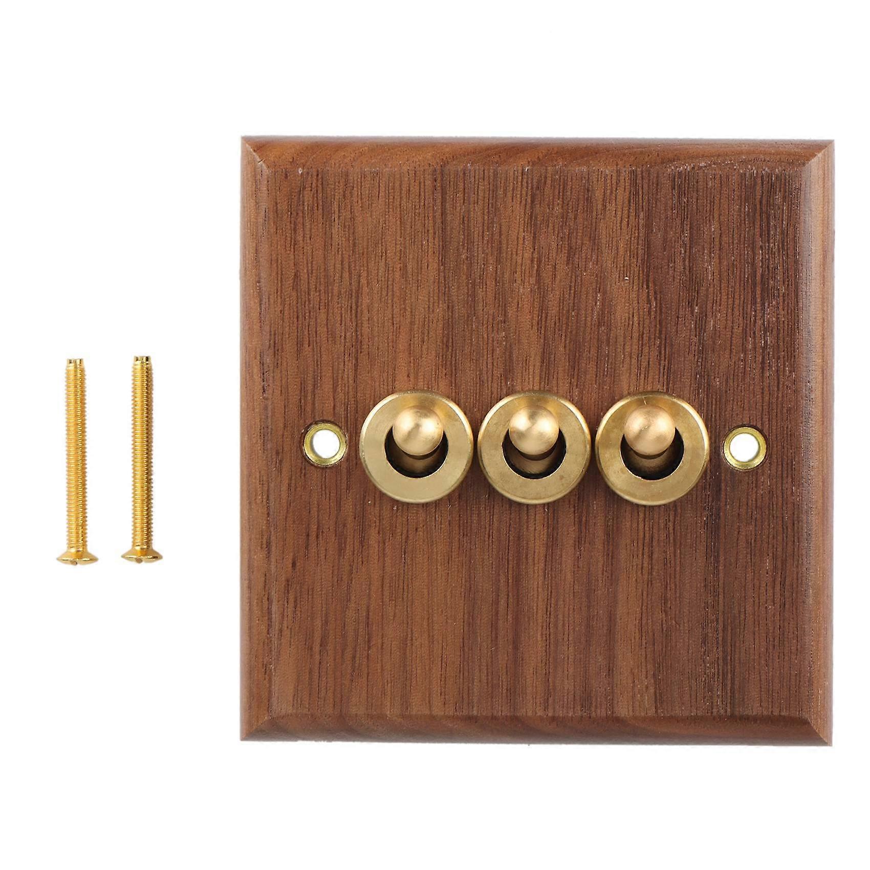 Retro American Industrial Style Light Switch Socket, Solid Wood Brass Toggle Switch Plate(3 Open)