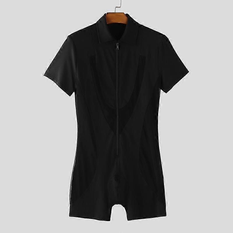INCERUN Men Short Sleeve Mesh Sheer Patchwork Fitted Jumpsuits Romper Bodysuits Pajamas