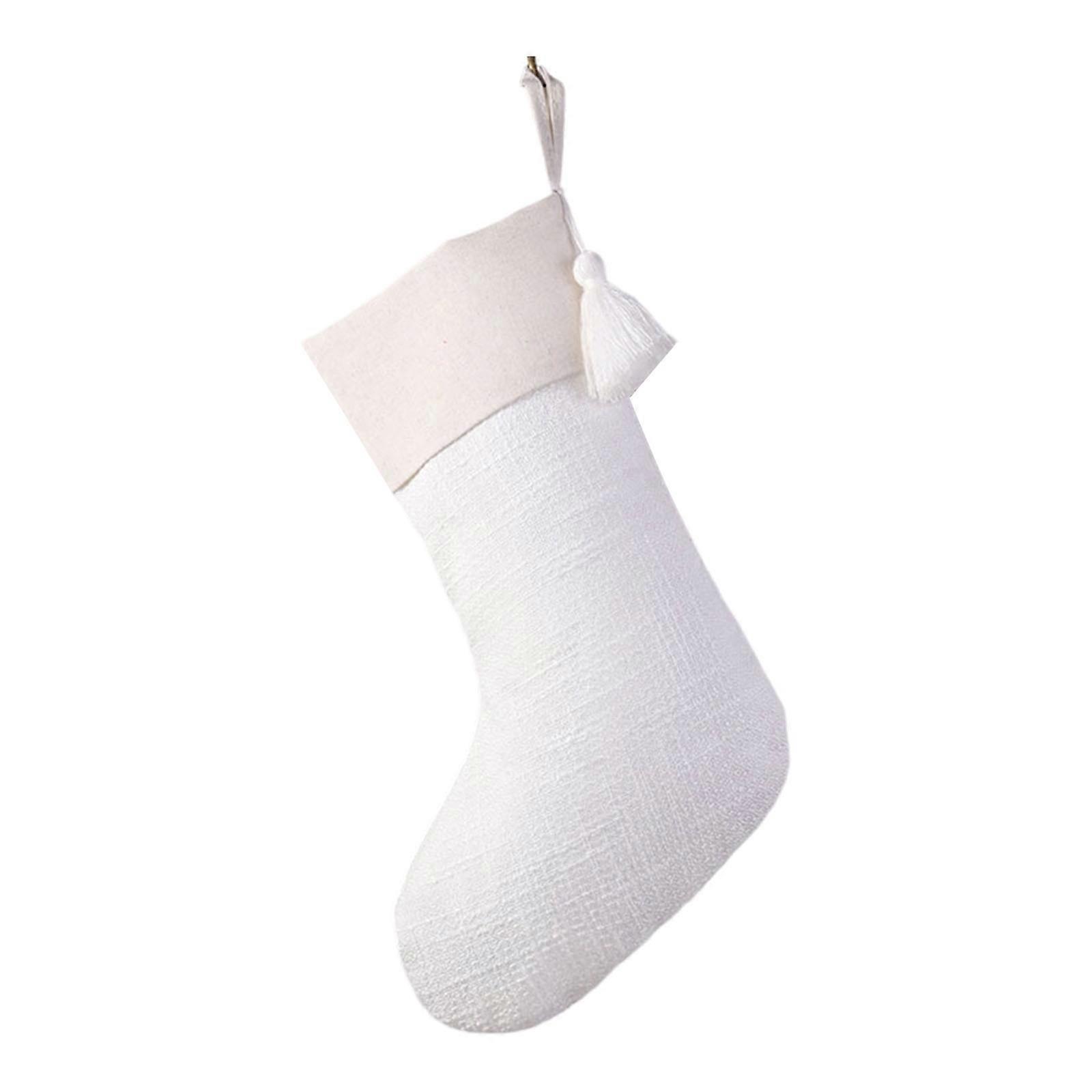 Elegant Festival Stocking With Plush Texture Decorative Fringed Christmas Sock Ornament with Tassels and Cuff  White