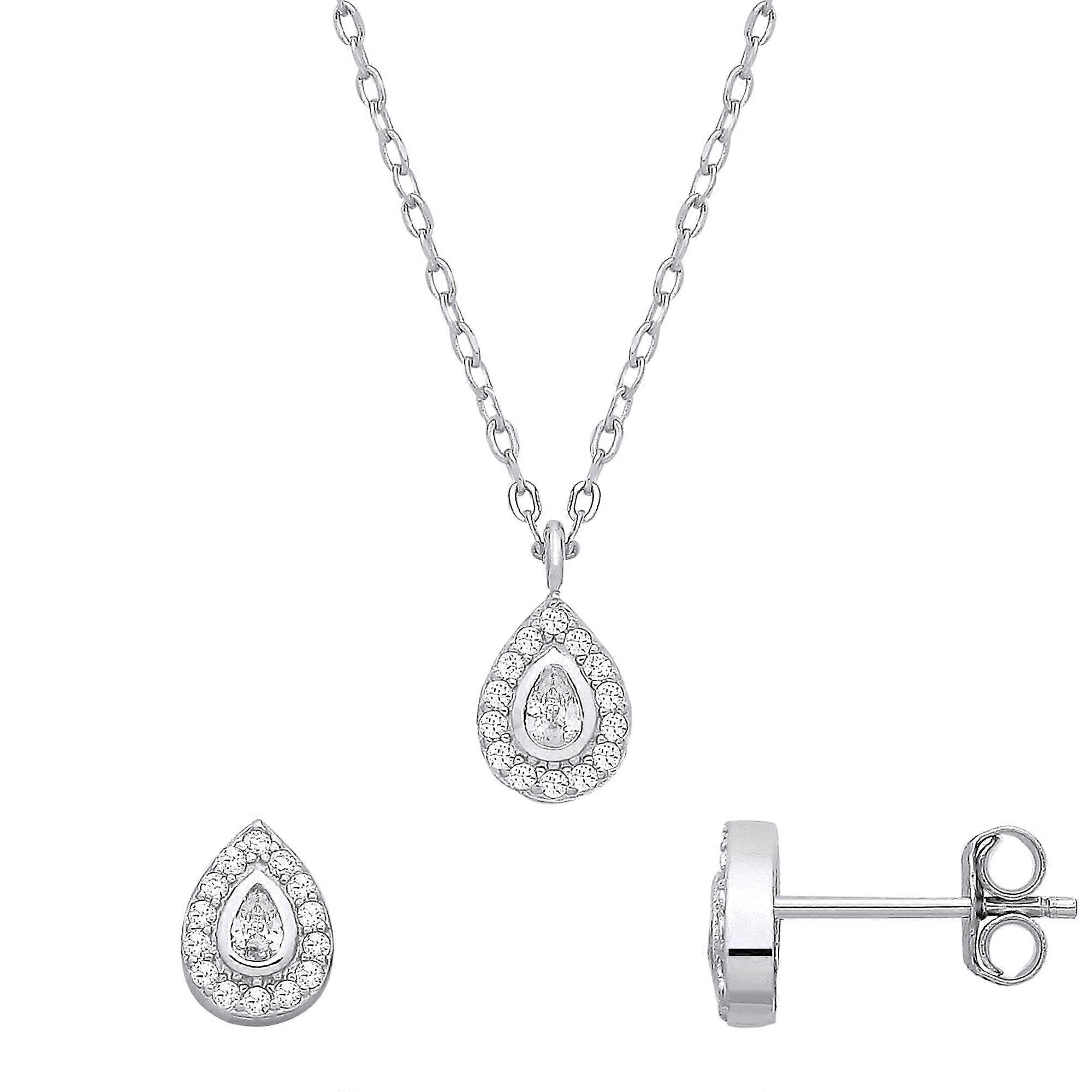 Jewelco London Sterling Silver CZ Tear Drop Earrings & Pendant Set