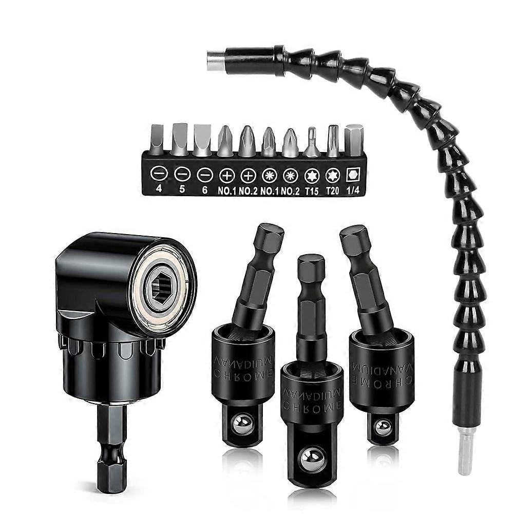 Flexible Drill Bit Extension Right Angle Drill Adapter Set 360°Rotatable 1/4 3/8 1/2inch Impact Grade Socket Adapter Set