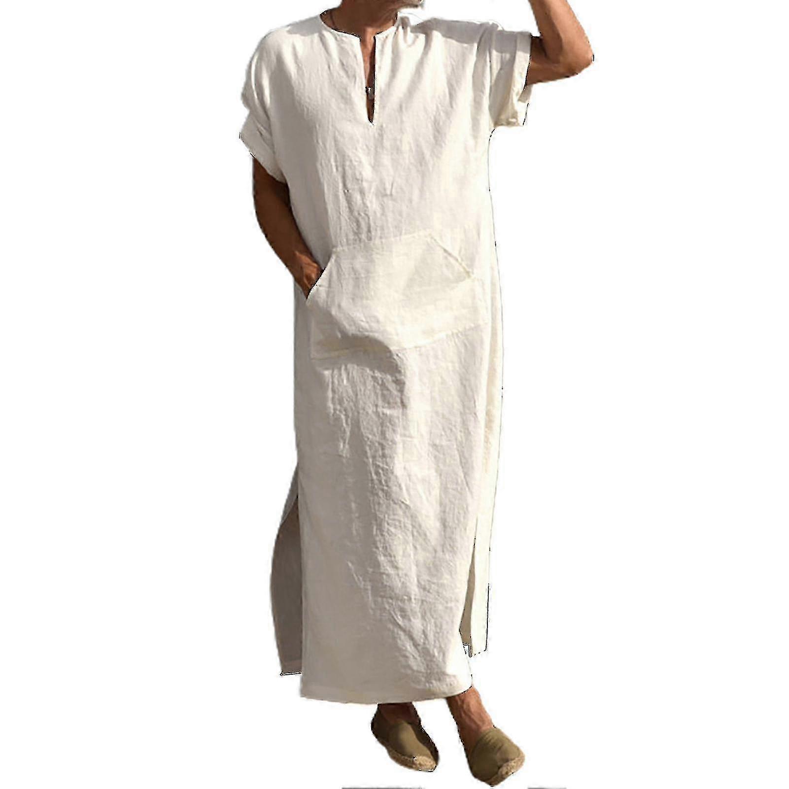Robe leve tradicional com decote em V, compatível com homens e com modelagem folgada.