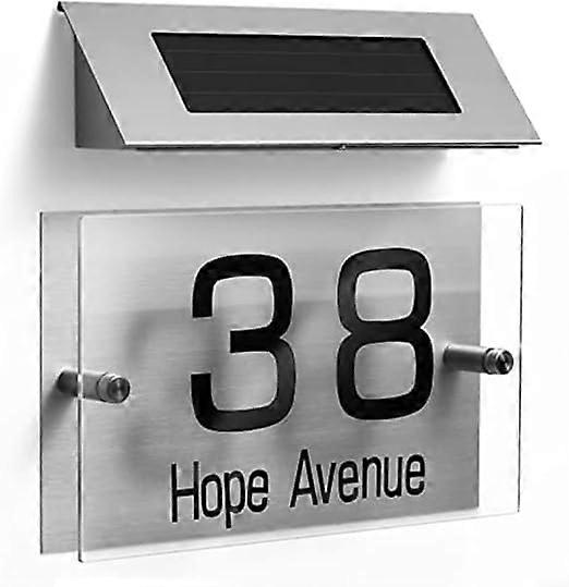 Solar Address Sign with Automatic LED Illumination, Weatherproof Stainless Steel for Outdoor House Number Display