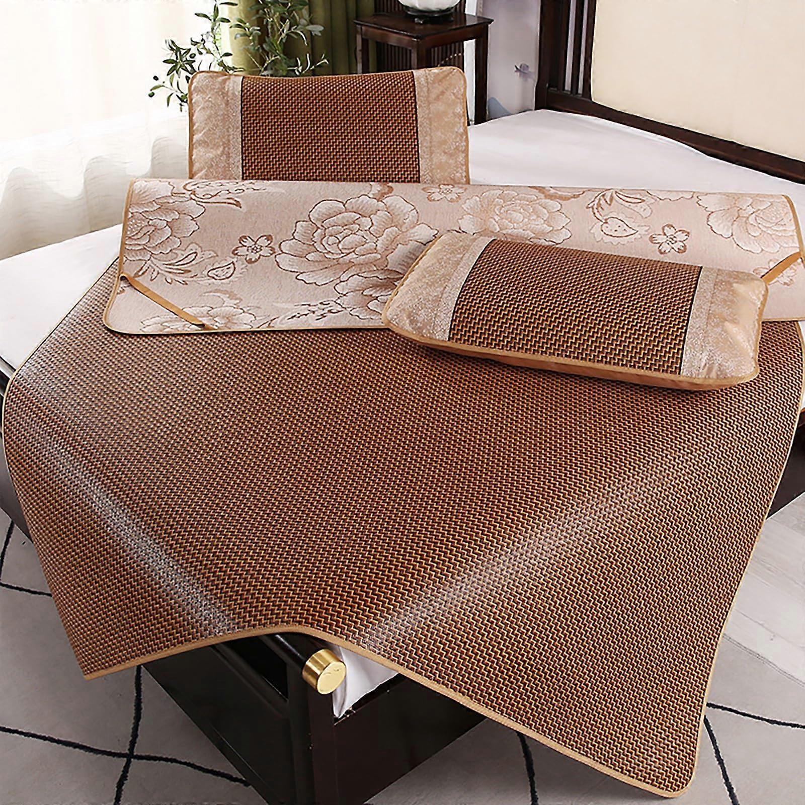 Cooling Sleeping Mat with Breathable Rattan and Ice Silk, Dual‑Sided Foldable Summer Bed Pad for Single Double Beds, Brown 90x190cm