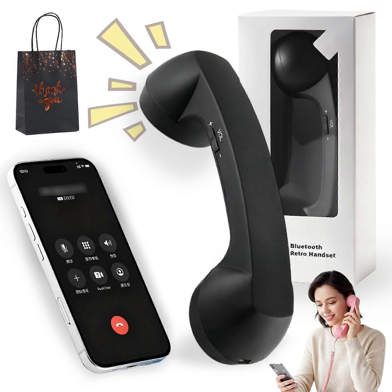 Retro Phone Handset Bluetooth Cordless with TypeC Dual Connection Noise Reduction Black