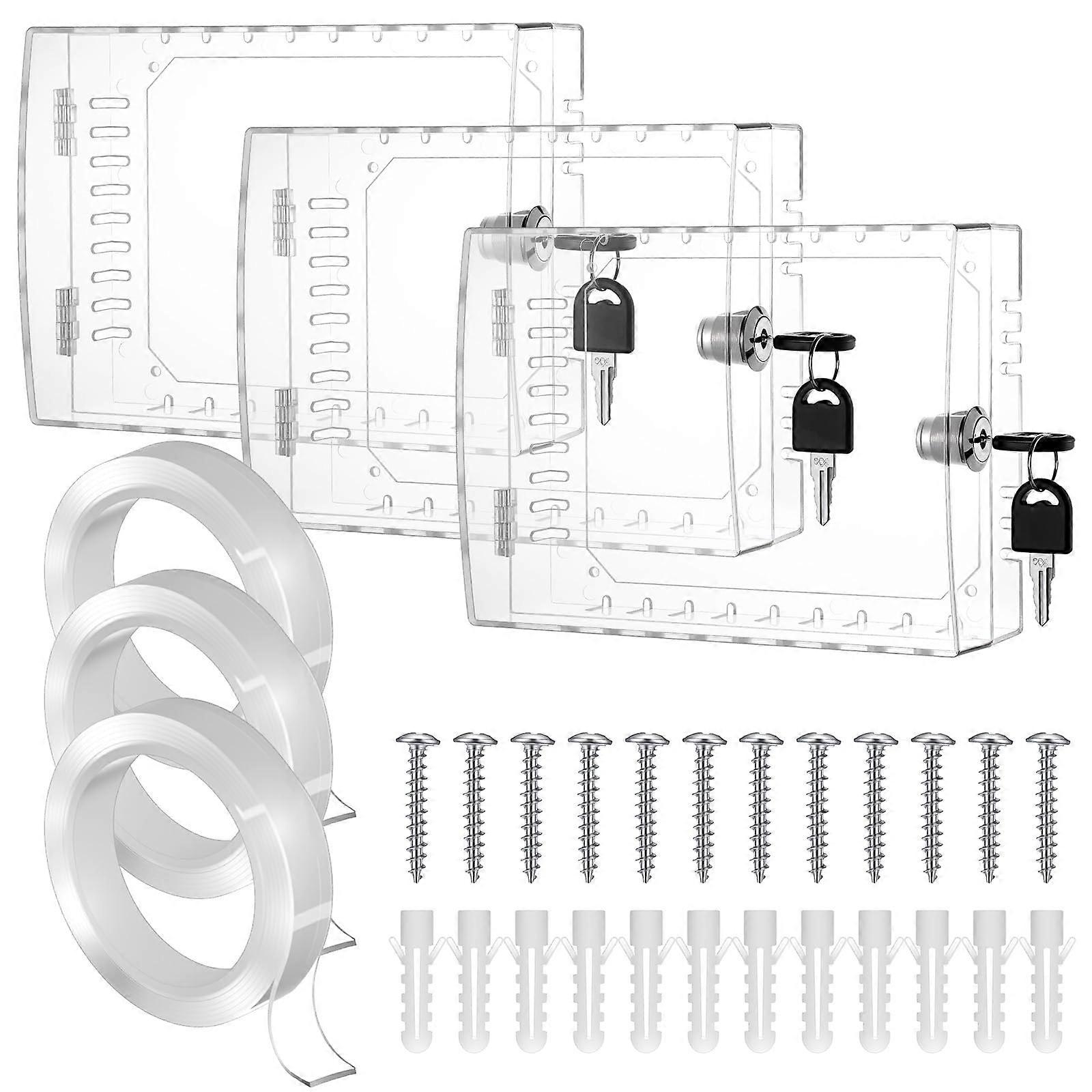 3 Pack Clear Thermostat Lock Box with Key, Durable Polycarbonate Guard, Universal Fit 4.8x6.2 Inch