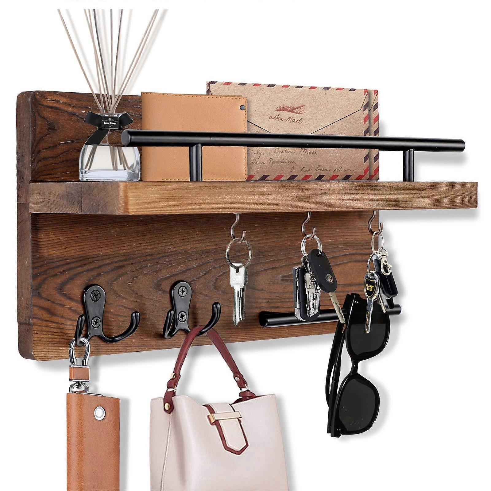 Rustic Wall Mounted Key and Mail Organizer with Shelf and Hooks for Entryway or Office, Brown Ref:8570