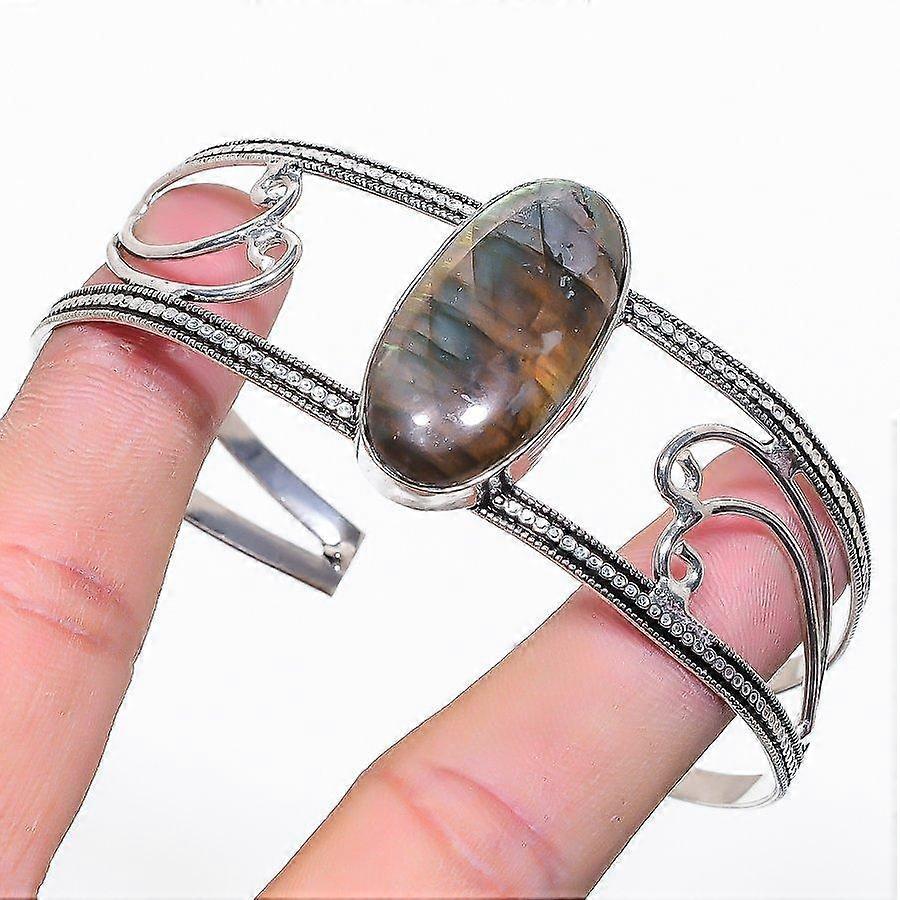 Natural Labradorite Gemstone 925 Sterling Silver Cuff Bangle Adjustable j8E59