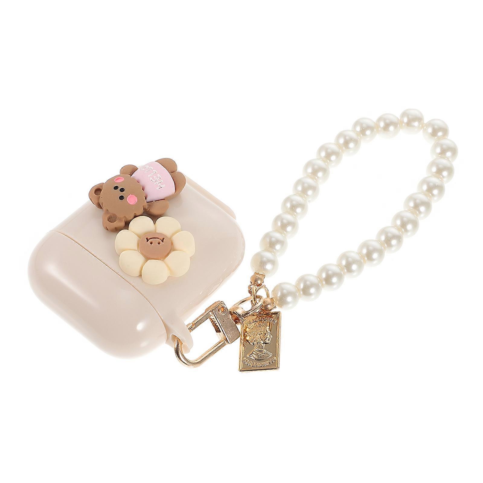 Earphone Case Cartoon Bear Style with Pearl Keychain for Earbuds
