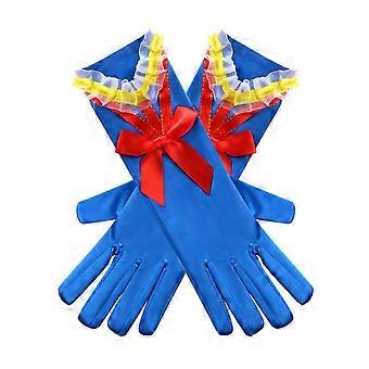 Prinzessinnen-Cosplay-Handschuhe, königsblaue Satinhandschuhe mit Rüschen und roter Schleife, Mädchen-Cosplay-Handschuhe für Kostümpartys und Bühnenauftritte