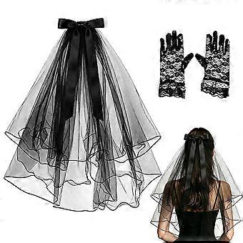 2PCS Halloween Hair Accessories for Women, Black Lace Veil & Gloves-Good