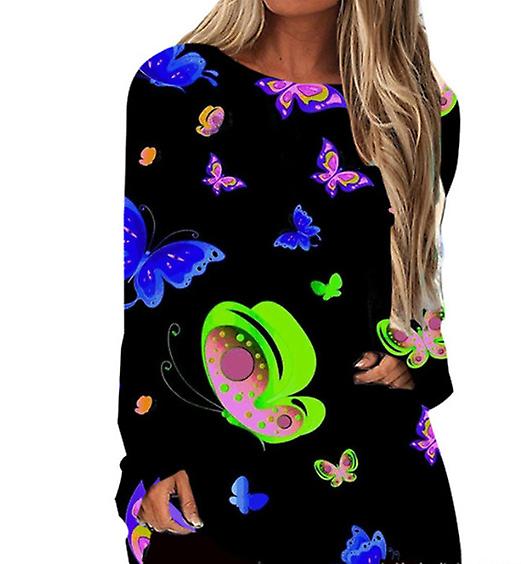 2022 Summer New Brand Hot Sale High Quality Long Sleeve Women's Long Colorful Butterfly Printed Round Neck T-shirt Top